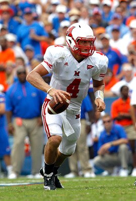 GAINESVILLE, FL - SEPTEMBER 04:  Quarterback Zac Dysert #4 of the Miami University RedHawks attempts a pass against the Florida Gators at Ben Hill Griffin Stadium on September 4, 2010 in Gainesville, Florida.  (Photo by Sam Greenwood/Getty Images)
