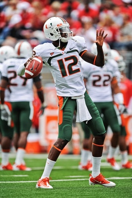 COLUMBUS, OH - SEPTEMBER 11:  Quarterback Jacory Harris #12 of the Miami Hurricanes warms up before a game against the Ohio State Buckeyes at Ohio Stadium on September 11, 2010 in Columbus, Ohio.  (Photo by Jamie Sabau/Getty Images)