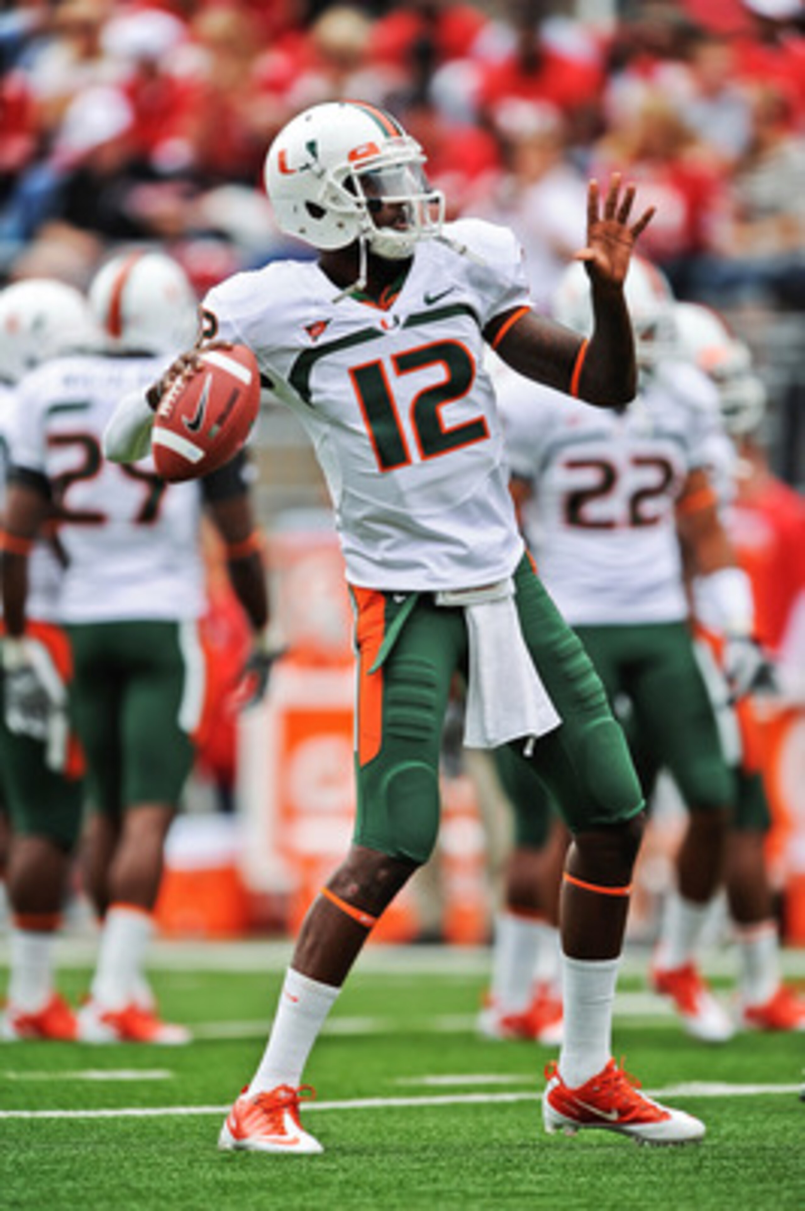 COLUMBUS, OH - SEPTEMBER 11:  Quarterback Jacory Harris #12 of the Miami Hurricanes warms up before a game against the Ohio State Buckeyes at Ohio Stadium on September 11, 2010 in Columbus, Ohio.  (Photo by Jamie Sabau/Getty Images)