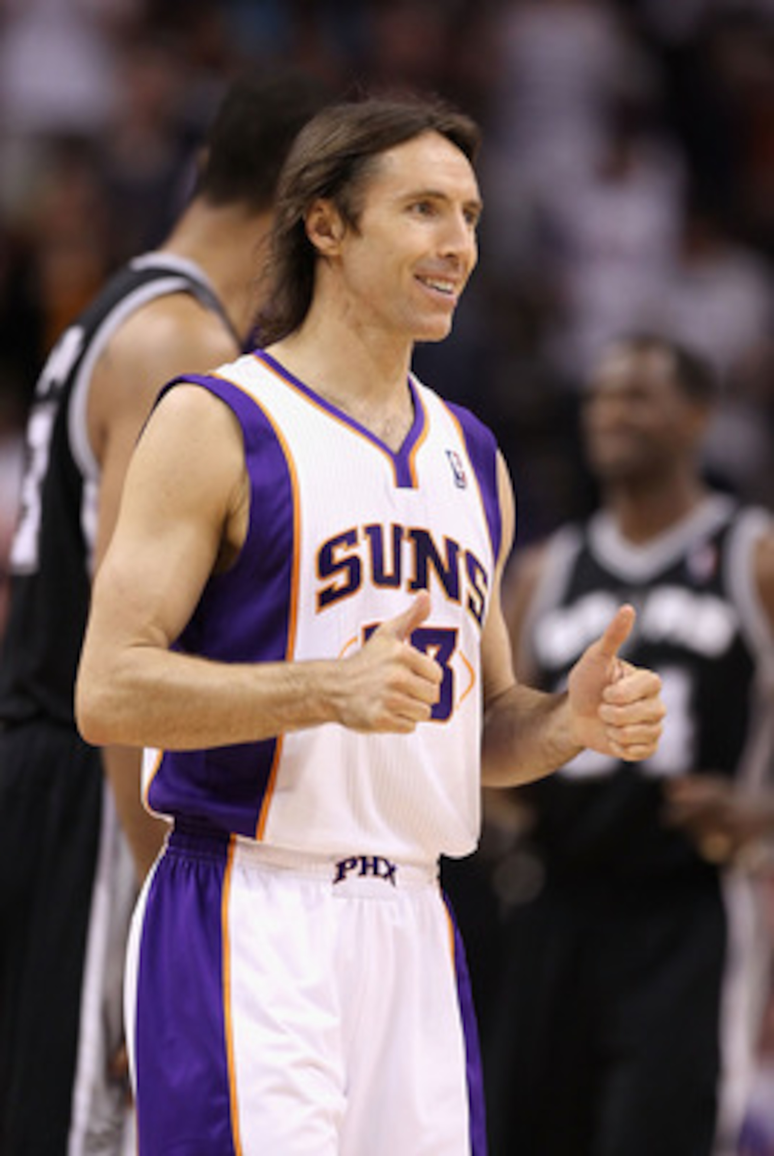 PHOENIX, AZ - APRIL 13: Steve Nash #13 of the Phoenix Suns gives thumbs up during the NBA game against the San Antonio Spurs at US Airways Center on April 13, 2011 in Phoenix, Arizona. NOTE TO USER: User expressly acknowledges and agrees that, by downlo PHOENIX, AZ - APRIL 13: Steve Nash #13 of the Phoenix Suns gives thumbs up during the NBA game against the San Antonio Spurs at US Airways Center on April 13, 2011 in Phoenix, Arizona. NOTE TO USER: User expressly acknowledges and agrees that, by downlo