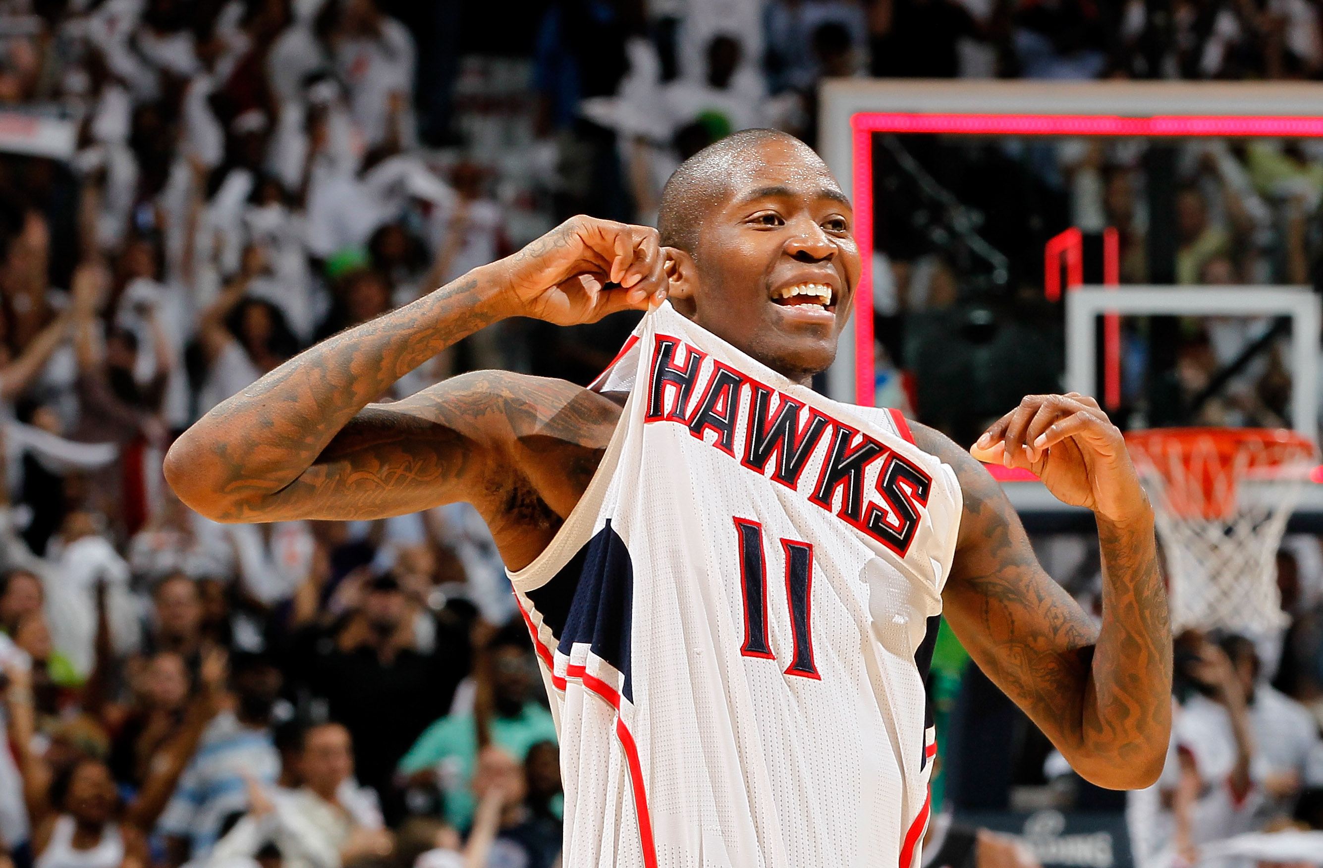 ATLANTA, GA - APRIL 28:  Jamal Crawford #11 of the Atlanta Hawks reacts after their 84-81 win over the Orlando Magic during Game Six of the Eastern Conference Quarterfinals in the 2011 NBA Playoffs at Philips Arena on April 28, 2011 in Atlanta, Georgia.