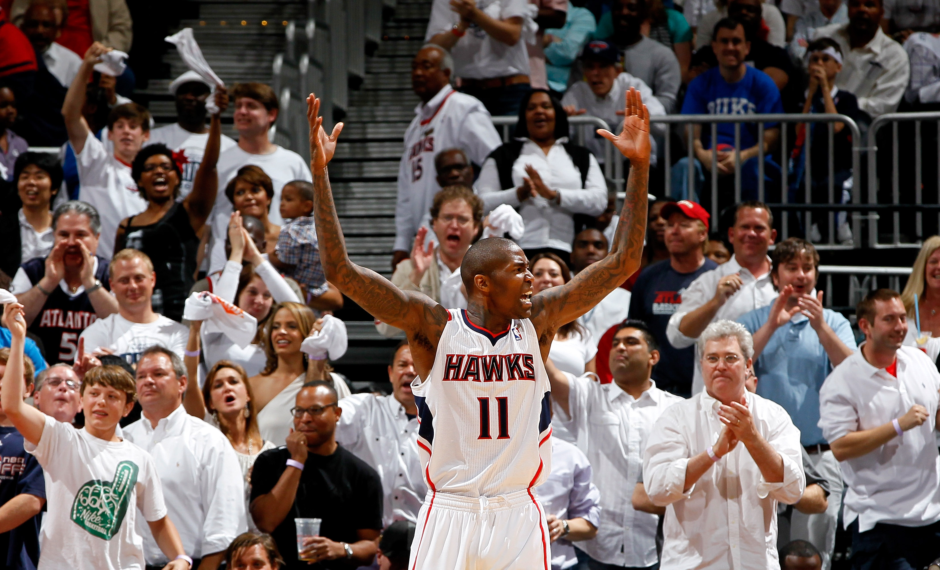 ATLANTA, GA - APRIL 28: Jamal Crawford #11 of the Atlanta Hawks reacts to the fans after a basket against the Orlando Magic during Game Six of the Eastern Conference Quarterfinals in the 2011 NBA Playoffs at Philips Arena on April 28, 2011 in Atlanta, Ge