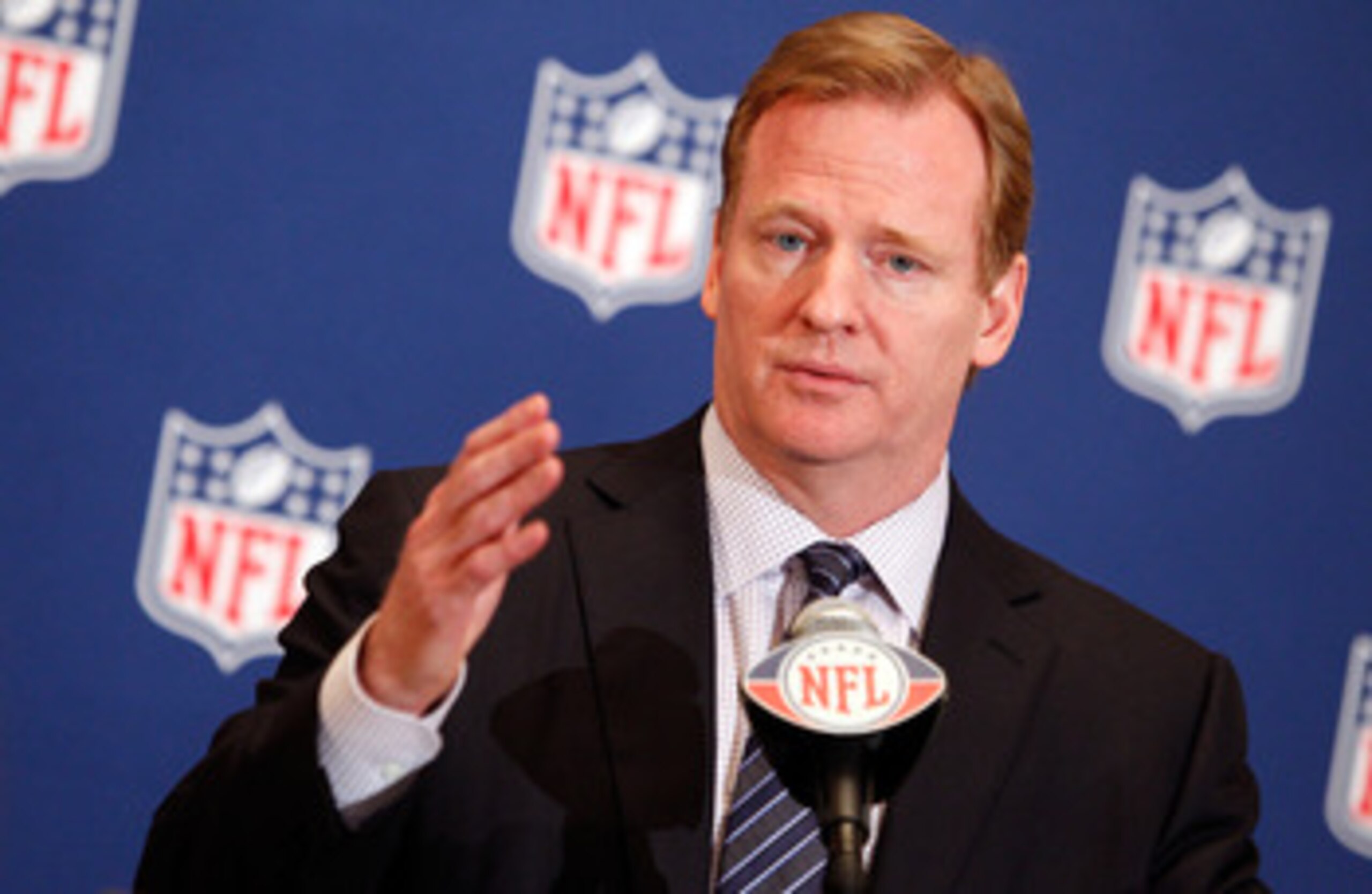 NEW ORLEANS, LA - MARCH 21: NFL commissioner Roger Goodell addresses the media during the NFL Annual Meetings at the Roosevelt Hotel on March 21, 2011 in New Orleans, Louisiana. Despite a NFL owners imposed lockout in effect since March 12 the league is c