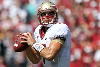 NORMAN, OK - SEPTEMBER 11:  Quarterback Christian Ponder #7 of the Florida State Seminoles drops back to pass against the Oklahoma Sooners at Gaylord Family Oklahoma Memorial Stadium on September 11, 2010 in Norman, Oklahoma.  (Photo by Ronald Martinez/Ge