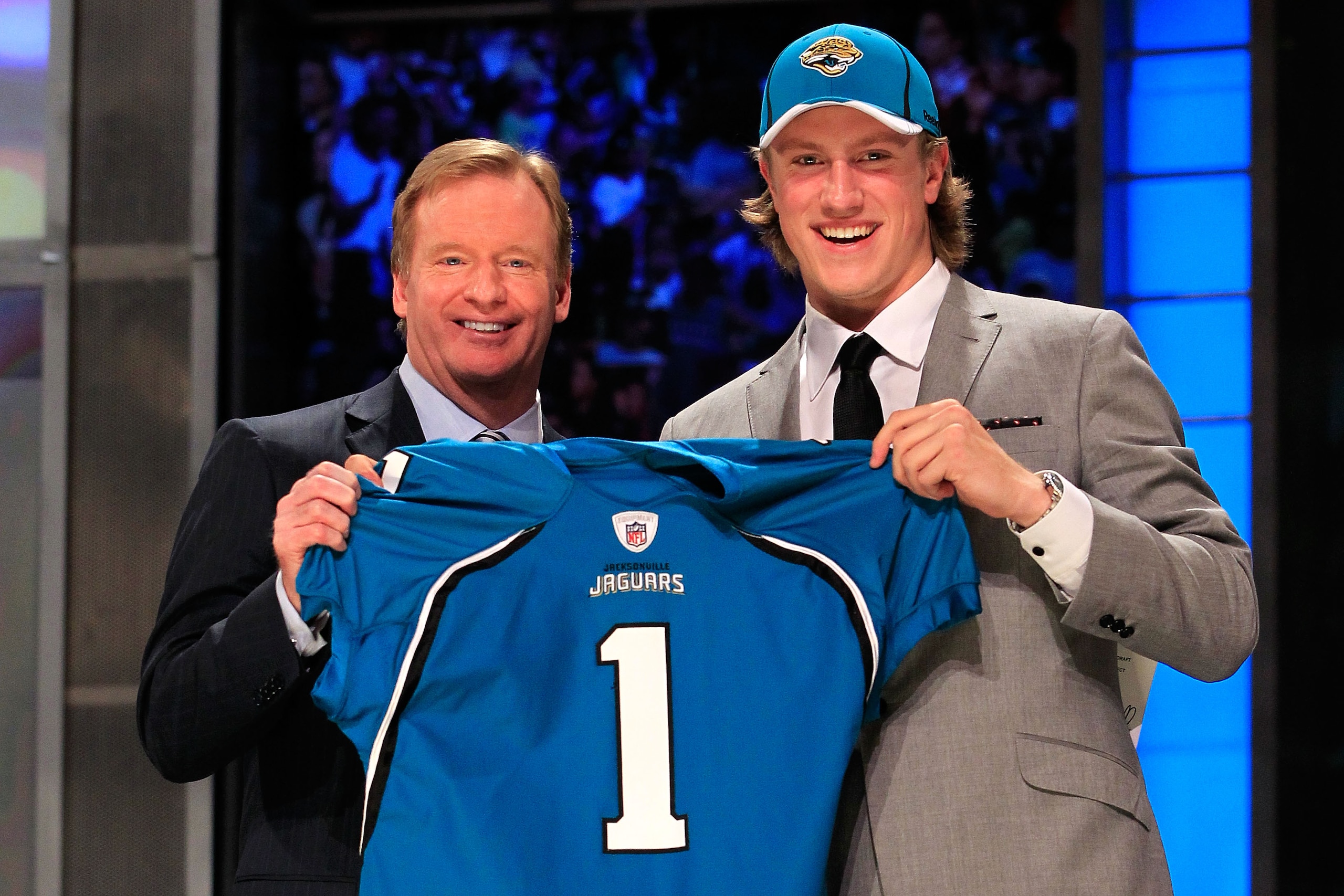 NEW YORK, NY - APRIL 28: NFL Commissoner Roger Goodell poses for a photo with Blaine Gabbert, #11 overall pick by the Jacksonville Jaguars, holds up a jersey during the 2011 NFL Draft at Radio City Music Hall on April 28, 2011 in New York City. (Photo b NEW YORK, NY - APRIL 28: NFL Commissoner Roger Goodell poses for a photo with Blaine Gabbert, #11 overall pick by the Jacksonville Jaguars, holds up a jersey during the 2011 NFL Draft at Radio City Music Hall on April 28, 2011 in New York City. (Photo b