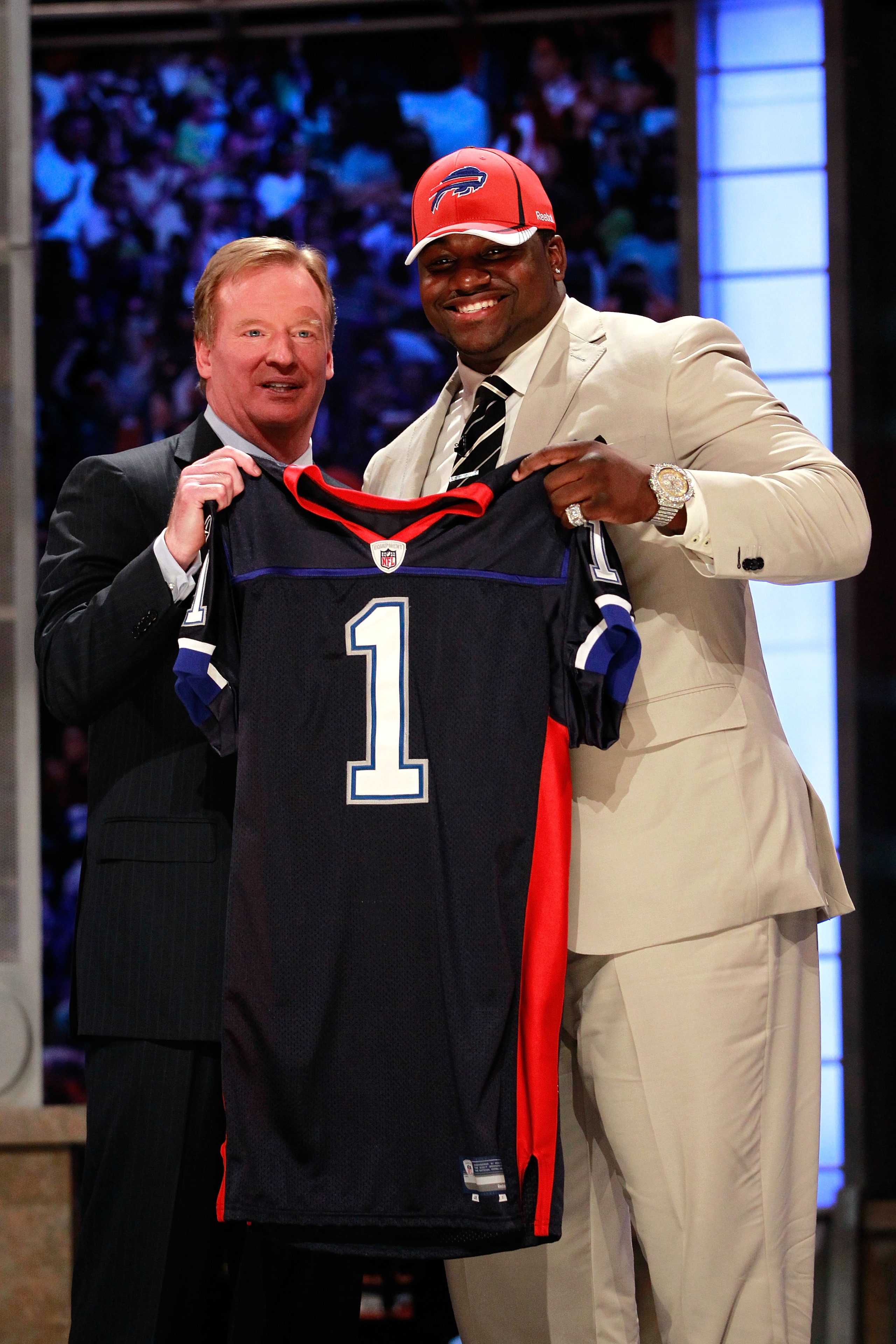 NEW YORK, NY - APRIL 28: NFL Commissioner Roger Goodell poses for a photo with Marcell Dareus, #3 overall pick by the Buffalo Bills, as Dareus holds up a jersey during the 2011 NFL Draft at Radio City Music Hall on April 28, 2011 in New York City. (Phot NEW YORK, NY - APRIL 28: NFL Commissioner Roger Goodell poses for a photo with Marcell Dareus, #3 overall pick by the Buffalo Bills, as Dareus holds up a jersey during the 2011 NFL Draft at Radio City Music Hall on April 28, 2011 in New York City. (Phot