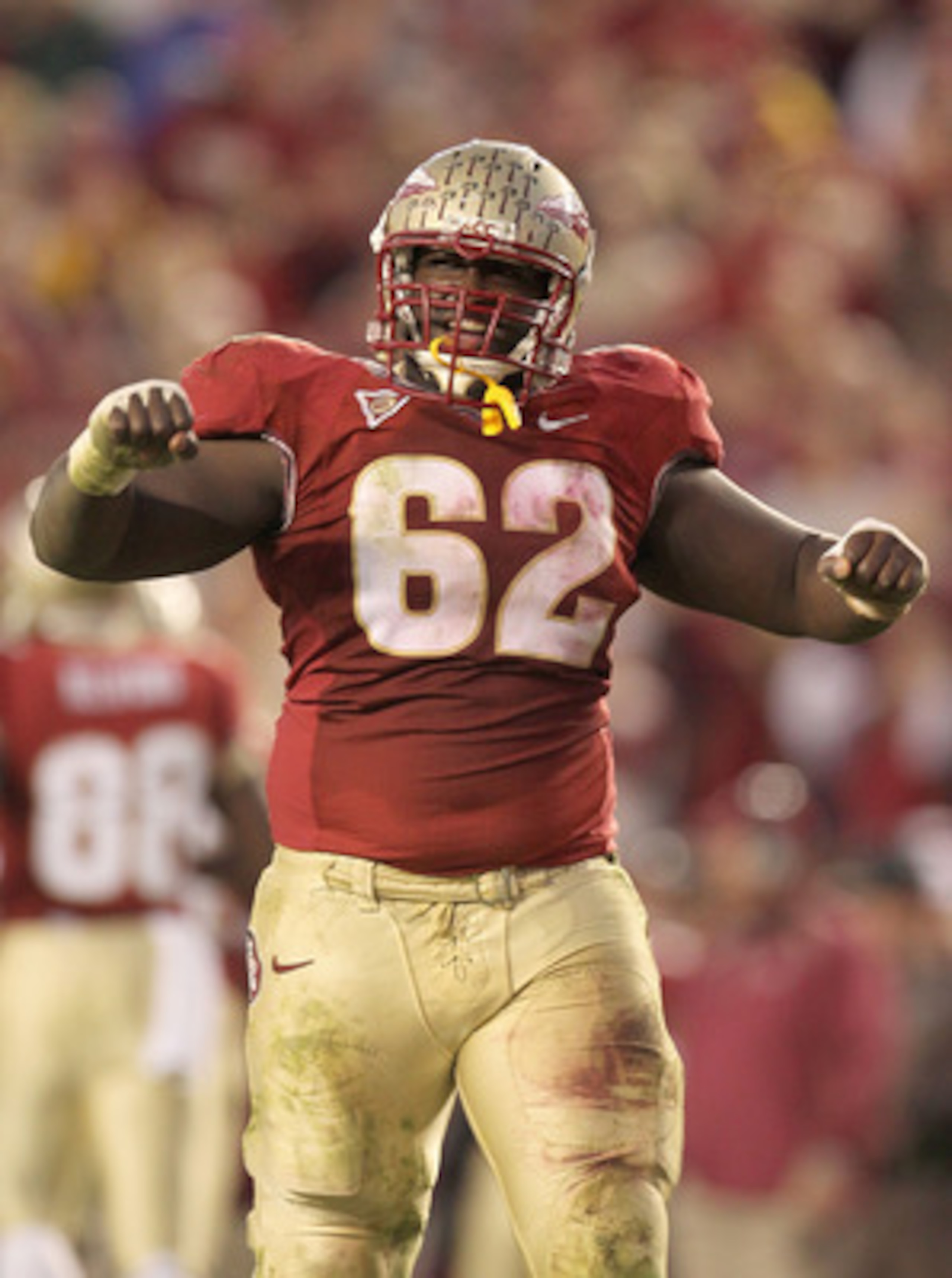 TALLAHASSEE, FL - NOVEMBER 27: Rodney Hudson #62 of the Florida State Seminoles celebrates a touchdown during a game against the Florida Gators at Doak Campbell Stadium on November 27, 2010 in Tallahassee, Florida.  (Photo by Mike Ehrmann/Getty Images)