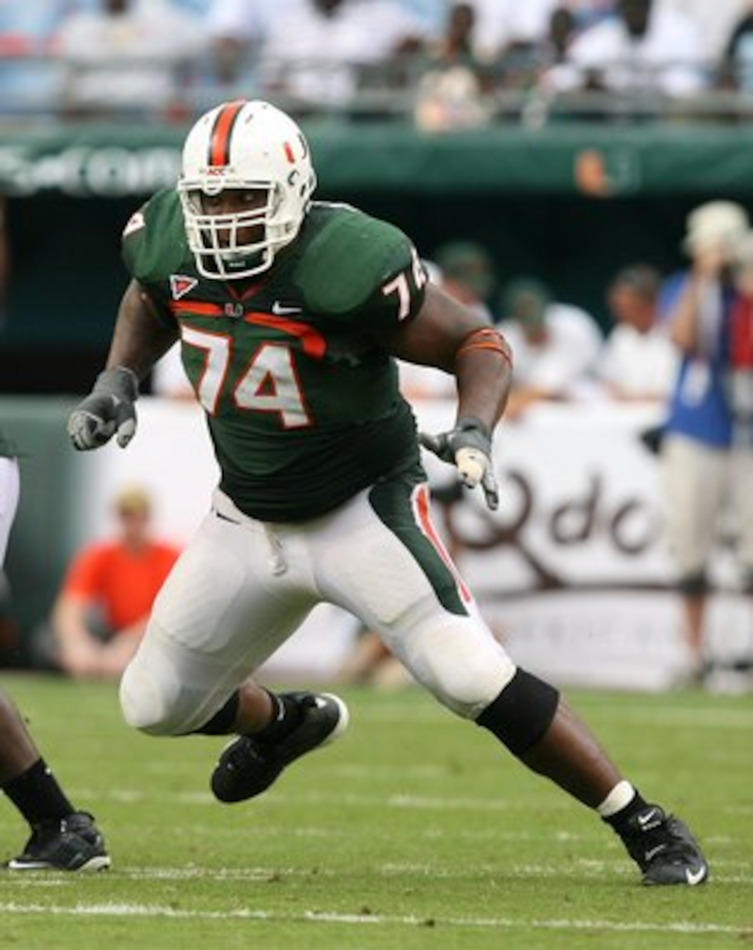 MIAMI - OCTOBER 25:  Offensive lineman Orlando Franklin #74 of the Miami Hurricanes drops back to block while taking on the Wake Forest Demon Decons at Dolphin Stadium on October 25, 2008 in Miami, Florida. Miami defeated Wake Forest 16-10.  (Photo by Dou