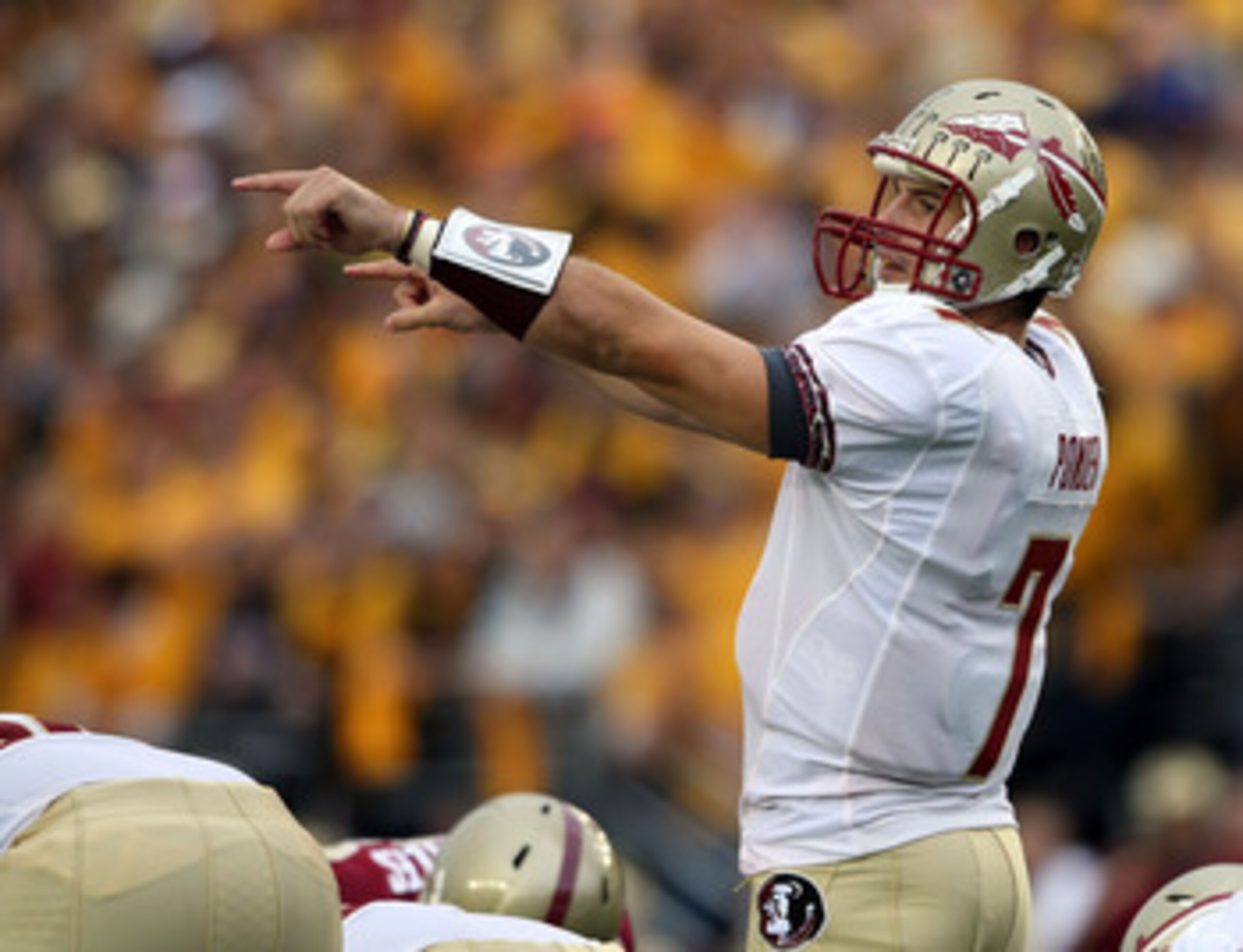 CHESTNUT HILL, MA - OCTOBER 03:  Christian Ponder #7 of the Florida State Seminoles calls out the play in the first half against the Boston College Eagles on October 3, 2009 at Alumni Stadium in Chestnut Hill, Massachusetts. (Photo by Elsa/Getty Images)