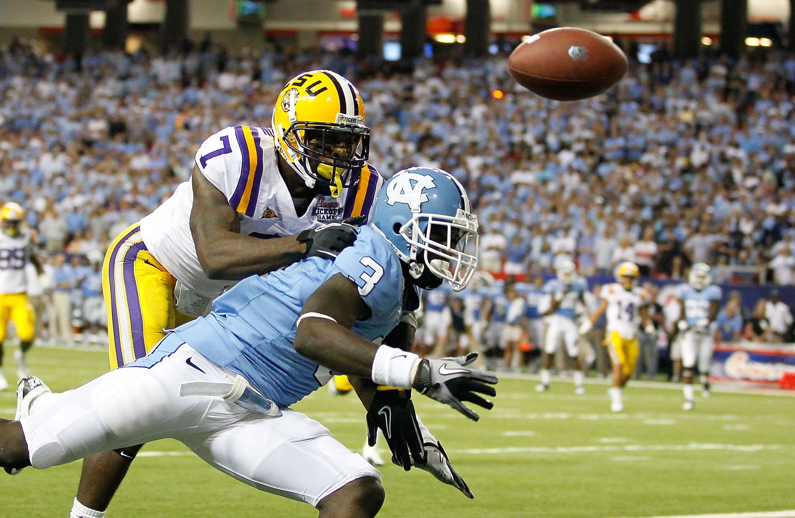 ATLANTA - SEPTEMBER 04:  Patrick Peterson #7 of the LSU Tigers breaks up a touchdown reception to Joshua Adams #3 of the North Carolina Tar Heels in the final seconds of the Chick-fil-A Kickoff Game at Georgia Dome on September 4, 2010 in Atlanta, Georgia