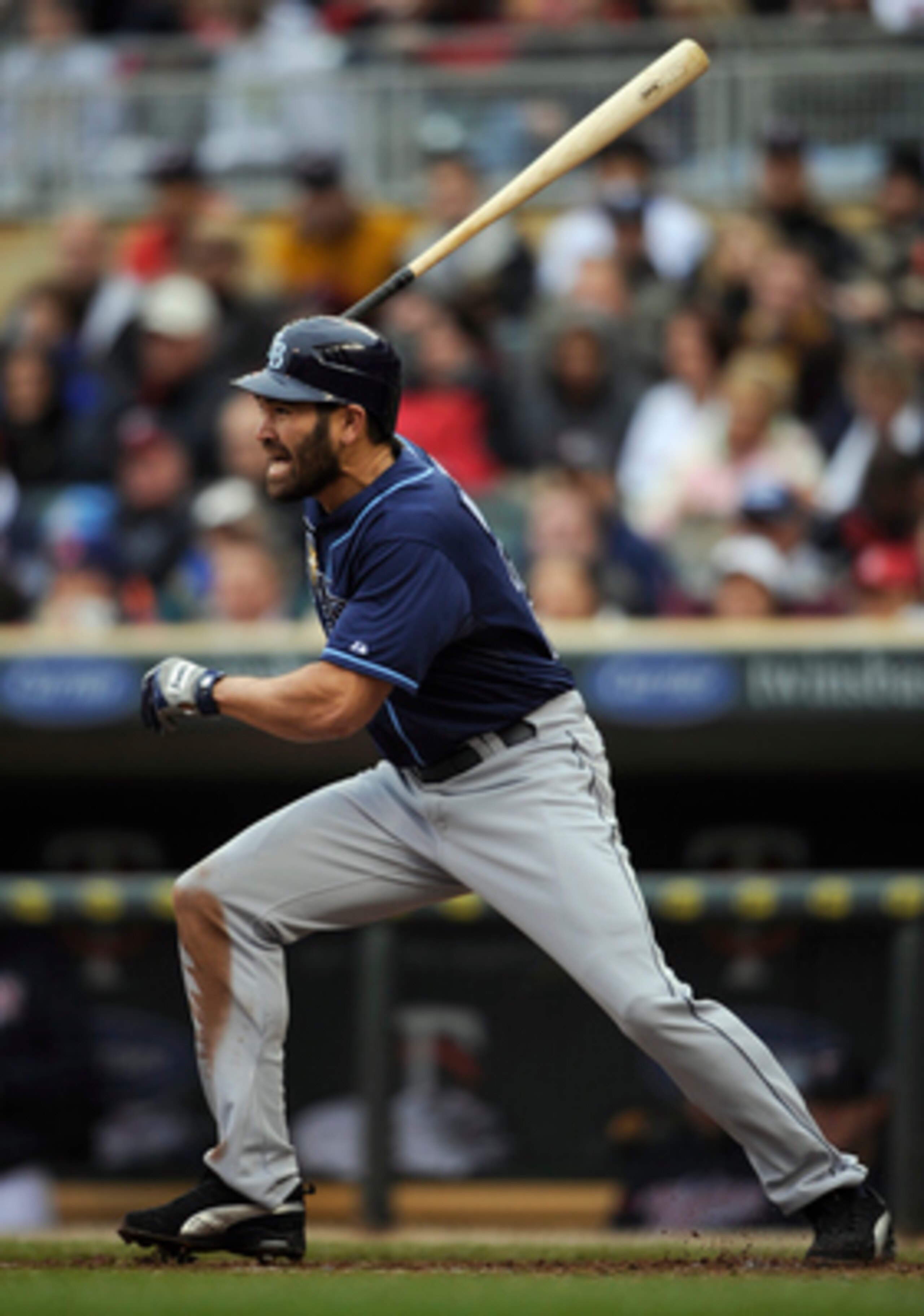 MINNEAPOLIS, MN - APRIL 28: Johnny Damon #22 of the Tampa Bay Rays singles against the Minnesota Twins in the second inning of their game on April 28, 2011 at Target Field in Minneapolis, Minnesota. The Rays defeated the Twins 15-3. (Photo by Hannah Fosli