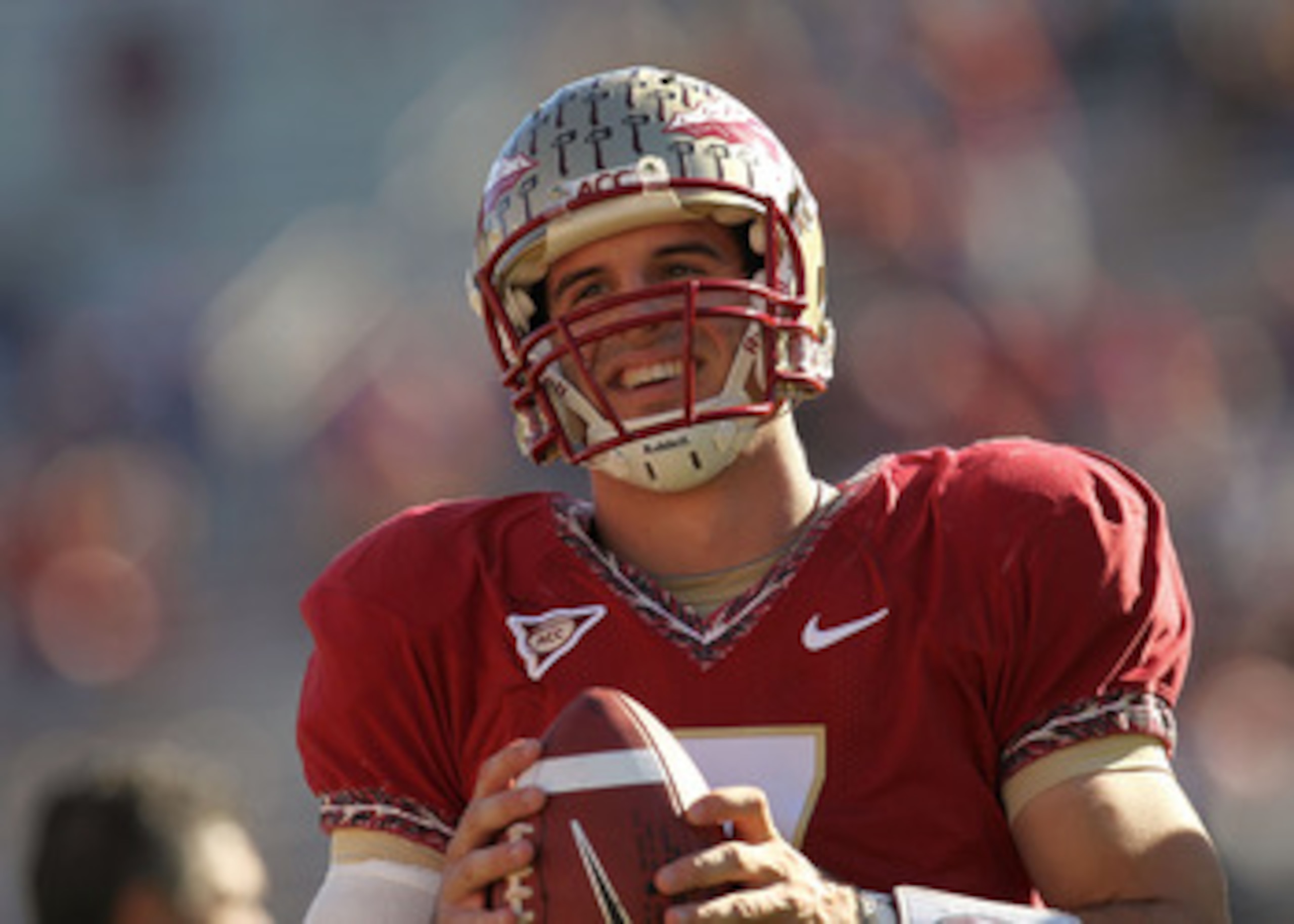 TALLAHASSEE, FL - NOVEMBER 27:  Christian Ponder #7 of the Florida State Seminoles warms up before a game against the Florida Gators at Doak Campbell Stadium on November 27, 2010 in Tallahassee, Florida.  (Photo by Mike Ehrmann/Getty Images)