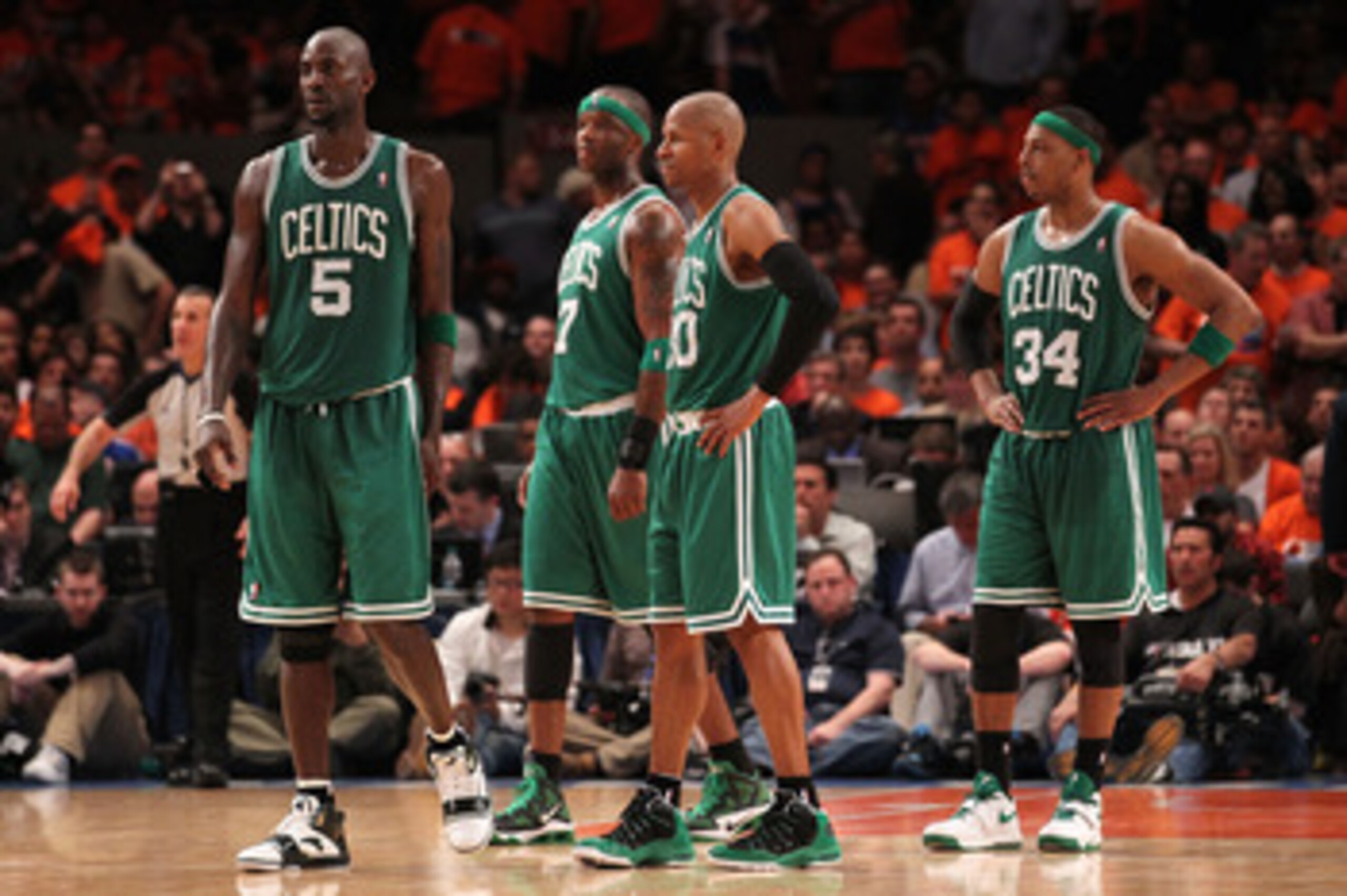 NEW YORK, NY - APRIL 24:  (L-R) Kevin Garnett #5, Jermaine O'Neal #7, Ray Allen #20 and Paul Pierce #34 of the Boston Celtics look on against the New York Knicks in Game Four of the Eastern Conference Quarterfinals during the 2011 NBA Playoffs on April 24