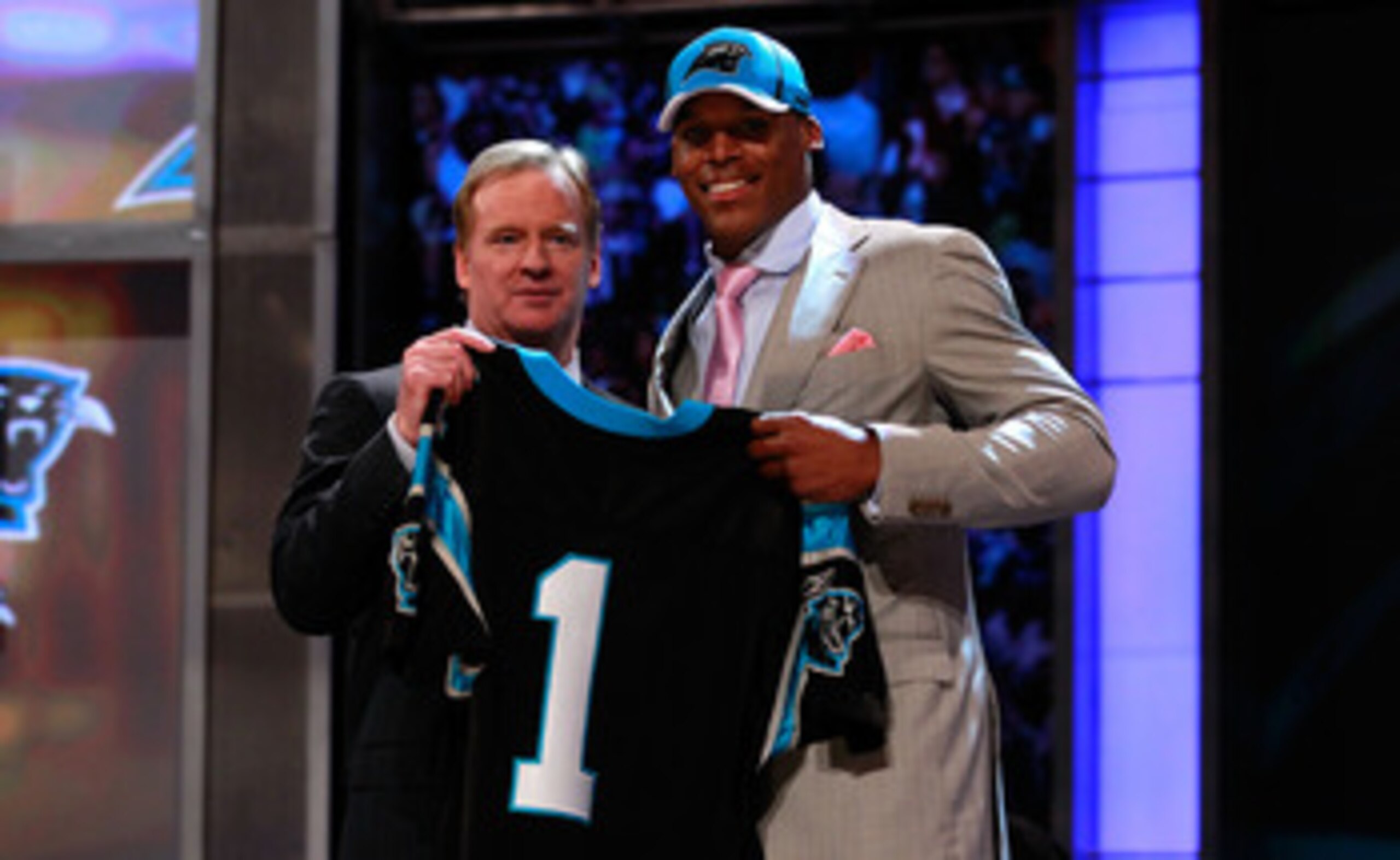 NEW YORK, NY - APRIL 28:  NFL COmmissioner Roger Goodell poses for a photo with Carolina Panthers #1 overall pick Cam Newton from Auburn during the 2011 NFL Draft at Radio City Music Hall on April 28, 2011 in New York City.  (Photo by Chris Trotman/Getty