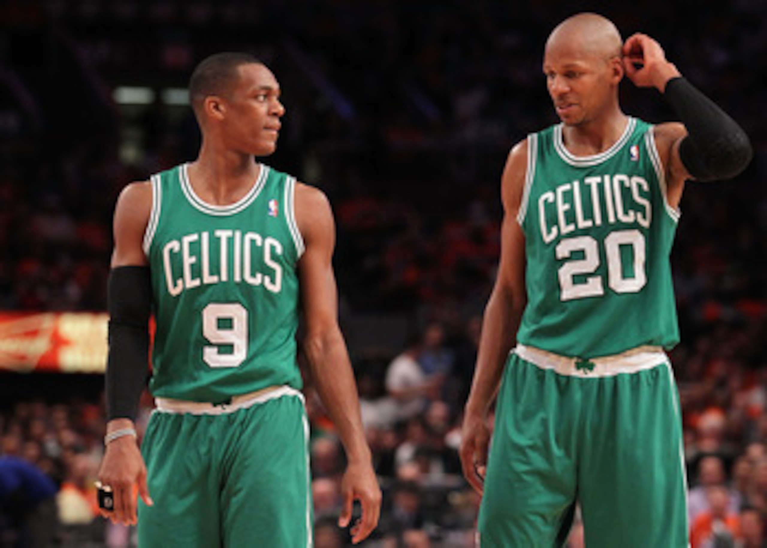 NEW YORK, NY - APRIL 24:  (L-R) Rajon Rondo #9 and Ray Allen #20 of the Boston Celtics talk on court against the New York Knicks in Game Four of the Eastern Conference Quarterfinals during the 2011 NBA Playoffs on April 24, 2011 at Madison Square Garden i