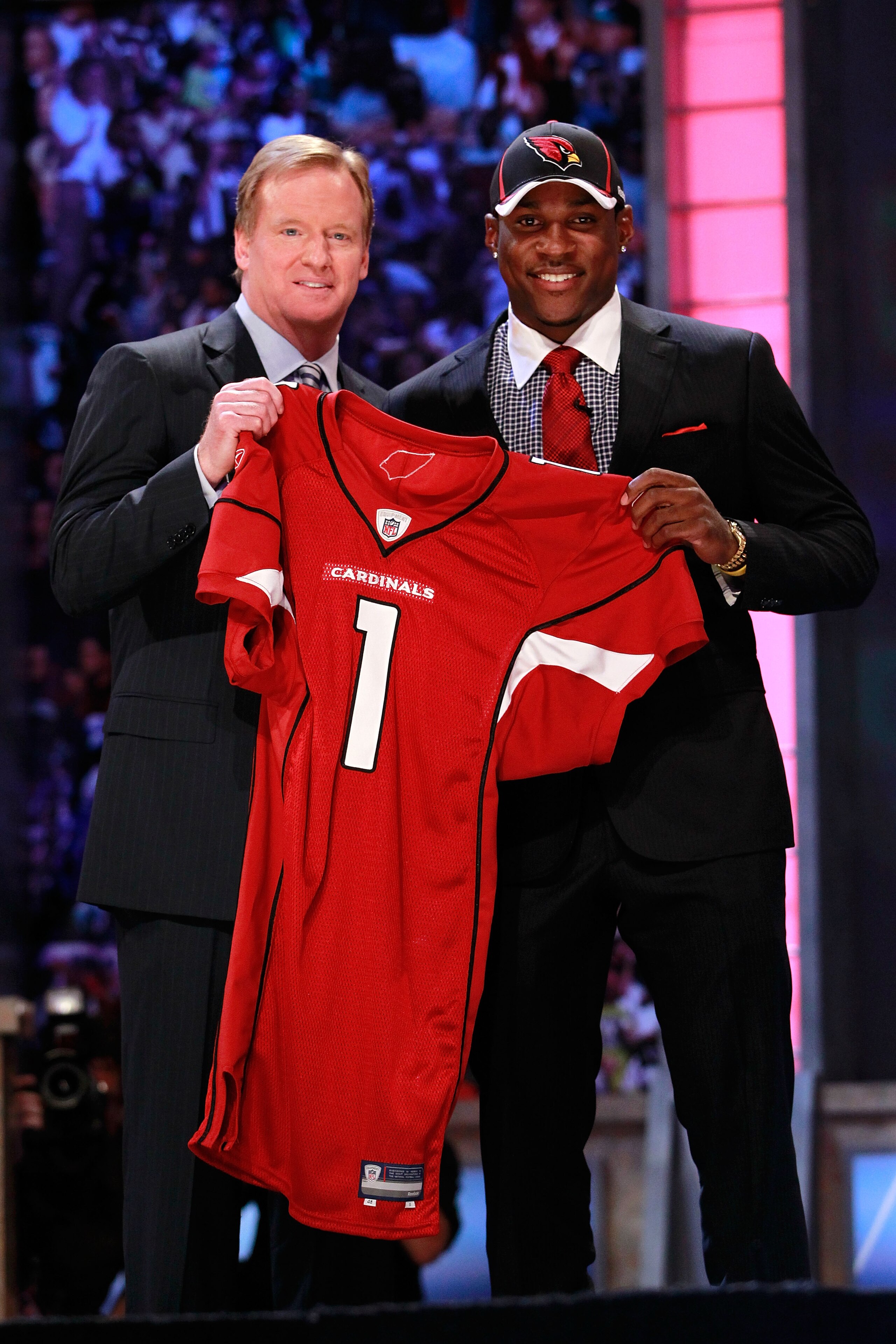 NEW YORK, NY - APRIL 28: NFL Commissioner Roger Goodell poses for a photo on stage with Patrick Peterson, #5 overall pick by the Arizona Cardinals, during the 2011 NFL Draft at Radio City Music Hall on April 28, 2011 in New York City. (Photo by Chris Tr NEW YORK, NY - APRIL 28: NFL Commissioner Roger Goodell poses for a photo on stage with Patrick Peterson, #5 overall pick by the Arizona Cardinals, during the 2011 NFL Draft at Radio City Music Hall on April 28, 2011 in New York City. (Photo by Chris Tr