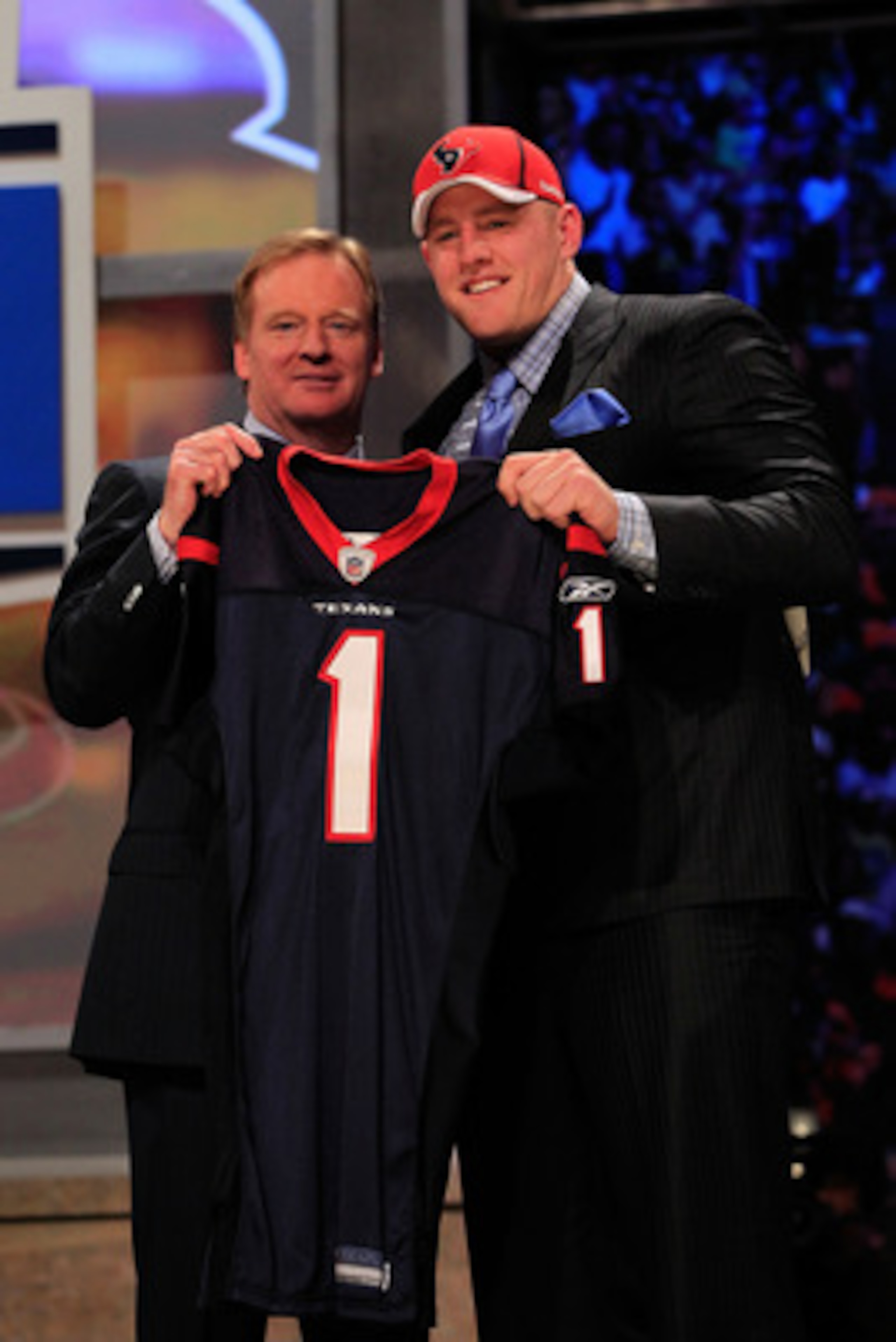 NEW YORK, NY - APRIL 28: NFL Commissioner Roger Goodell, poses for a photo with J.J. Watt, #11 overall pick by the Houston Texans, on stage during the 2011 NFL Draft at Radio City Music Hall on April 28, 2011 in New York City. (Photo by Chris Trotman/Ge NEW YORK, NY - APRIL 28: NFL Commissioner Roger Goodell, poses for a photo with J.J. Watt, #11 overall pick by the Houston Texans, on stage during the 2011 NFL Draft at Radio City Music Hall on April 28, 2011 in New York City. (Photo by Chris Trotman/Ge