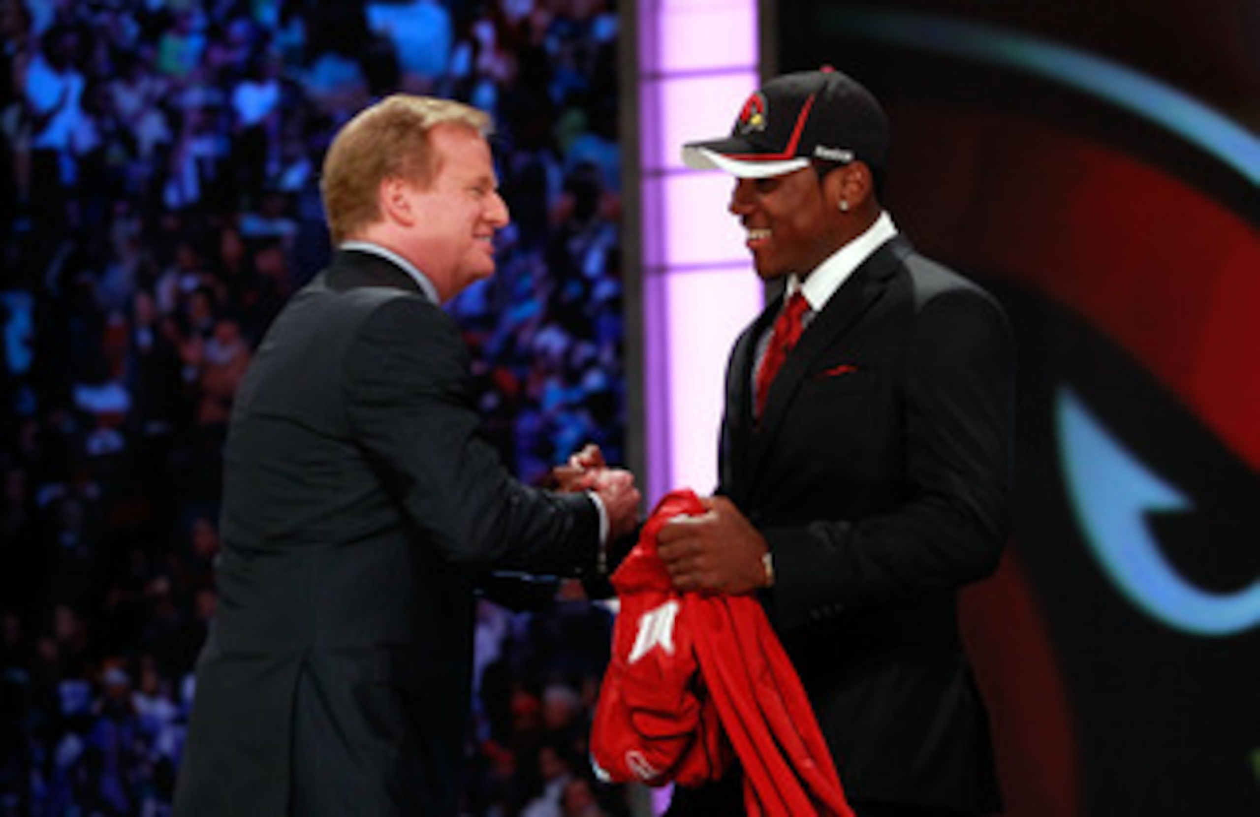 NEW YORK, NY - APRIL 28: NFL Commissioner Roger Goodell (L) greets Patrick Peterson, #5 overall pick by the Arizona Cardinals, during the 2011 NFL Draft at Radio City Music Hall on April 28, 2011 in New York City. (Photo by Chris Trotman/Getty Images) NEW YORK, NY - APRIL 28: NFL Commissioner Roger Goodell (L) greets Patrick Peterson, #5 overall pick by the Arizona Cardinals, during the 2011 NFL Draft at Radio City Music Hall on April 28, 2011 in New York City. (Photo by Chris Trotman/Getty Images)