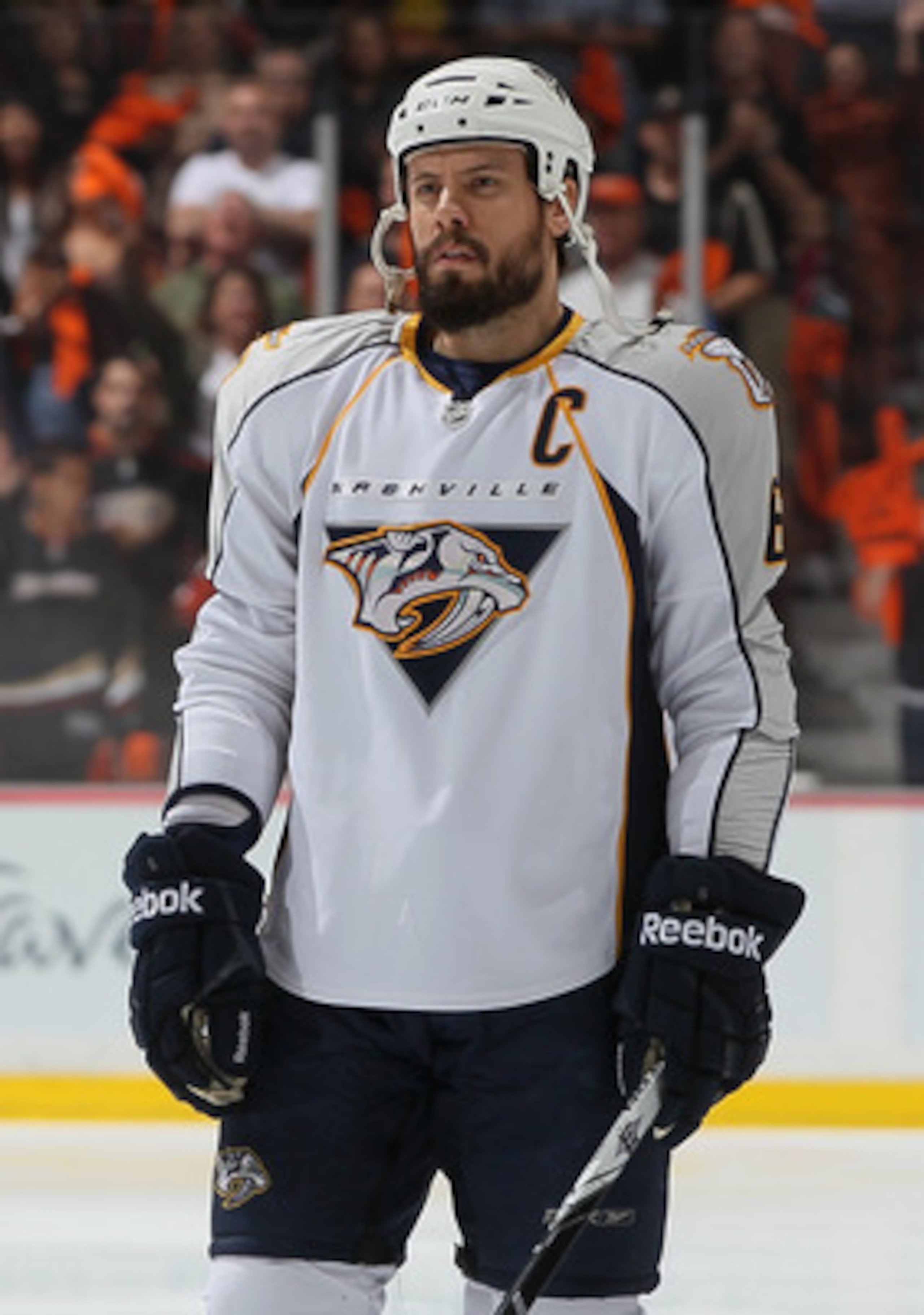 ANAHEIM, CA - APRIL 15:  Shea Weber #6 of the Nashville Predators looks on prior to the start of Game Two of the Western Conference Quarterfinals against the Anaheim Ducks during the 2011 NHL Stanley Cup Playoffs at Honda Center on April 15, 2011 in Anahe
