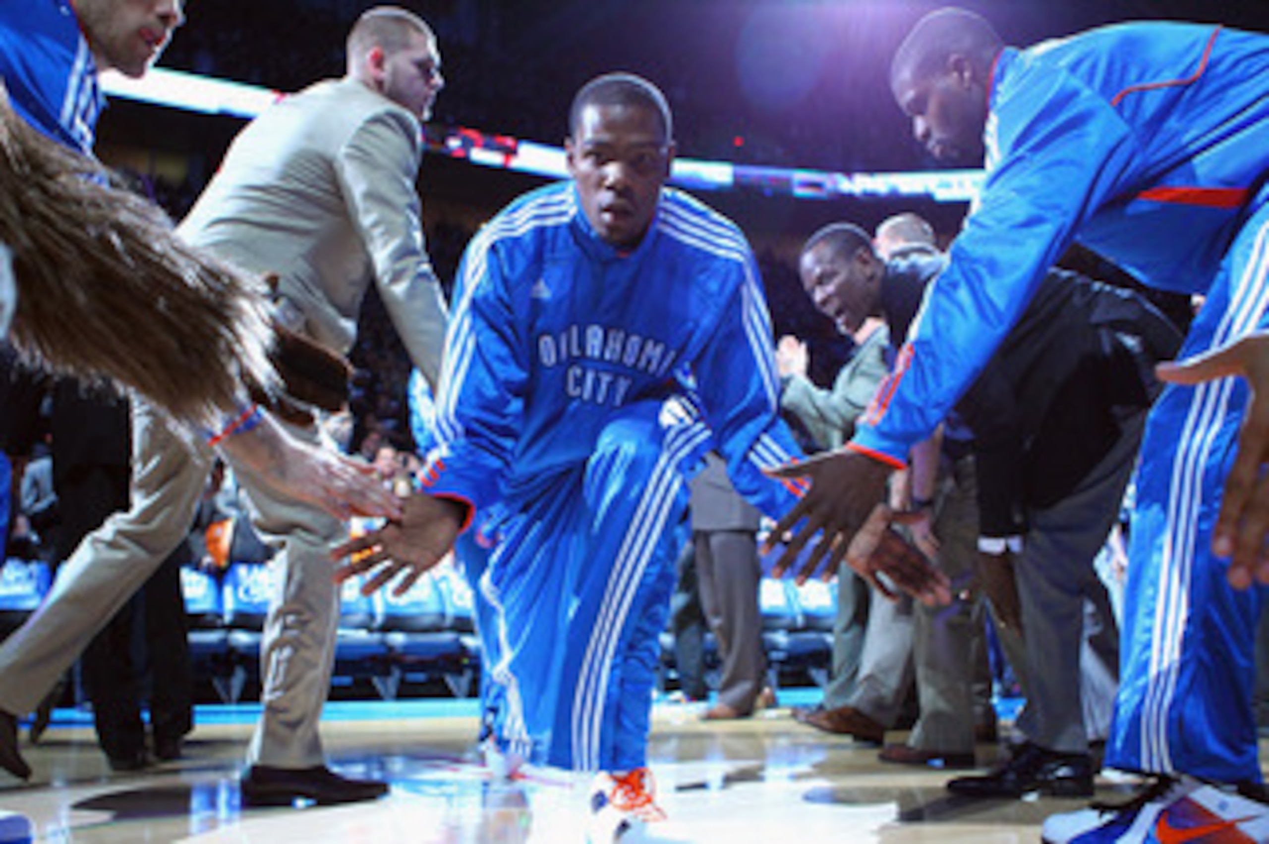 OKLAHOMA CITY, OK - APRIL 27: Kevin Durant #35 of the Oklahoma City Thunder is introduced prior to playing against the Denver Nuggets in Game Five of the Western Conference Quarterfinals in the 2011 NBA Playoffs on April 27, 2011 at the Ford Center in Okl