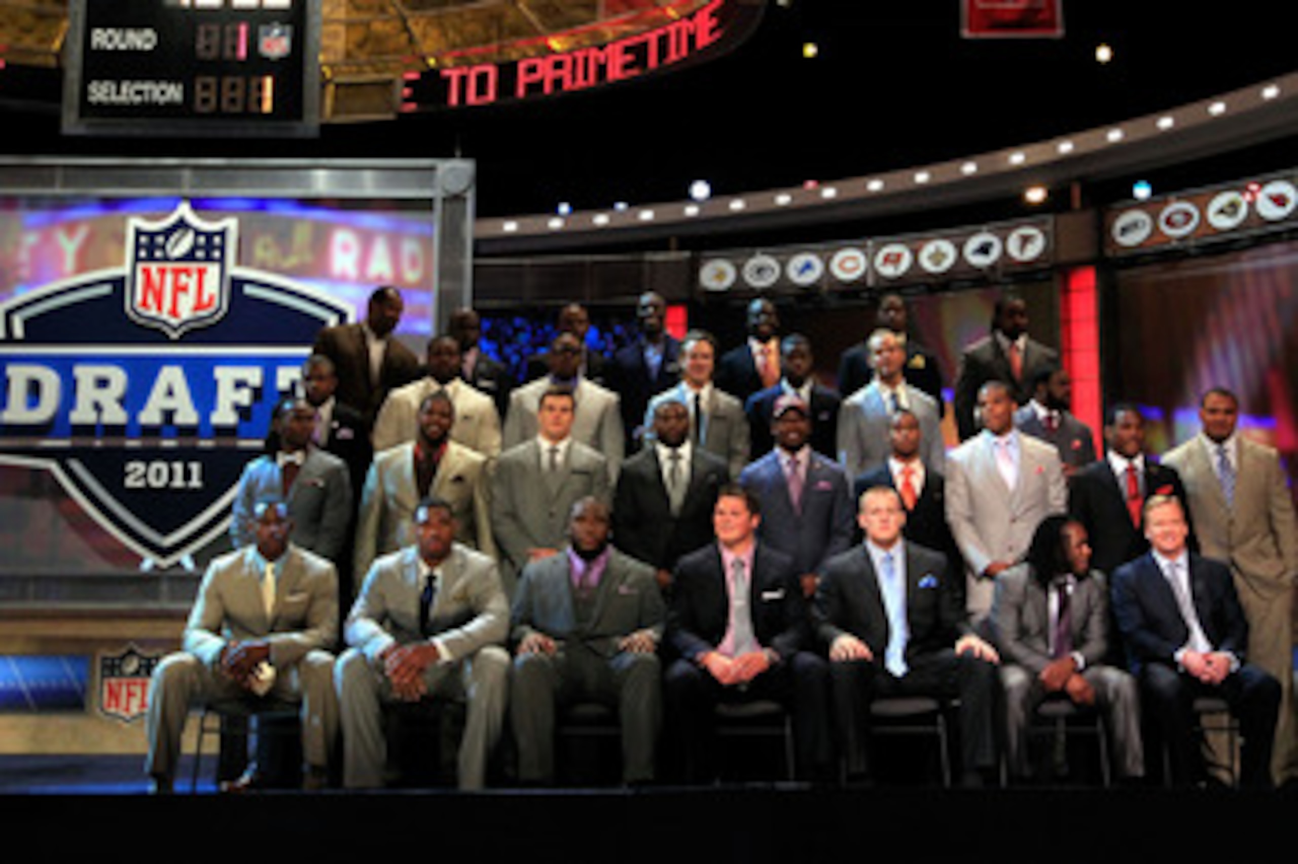 NEW YORK, NY - APRIL 28:  NFL Commissioner Roger Goodell (botom row R) poses for a photo on stage with the members of the 2011 Draft class and the 2011 Pro Football Hall of Fame class during the 2011 NFL Draft at Radio City Music Hall on April 28, 2011 in