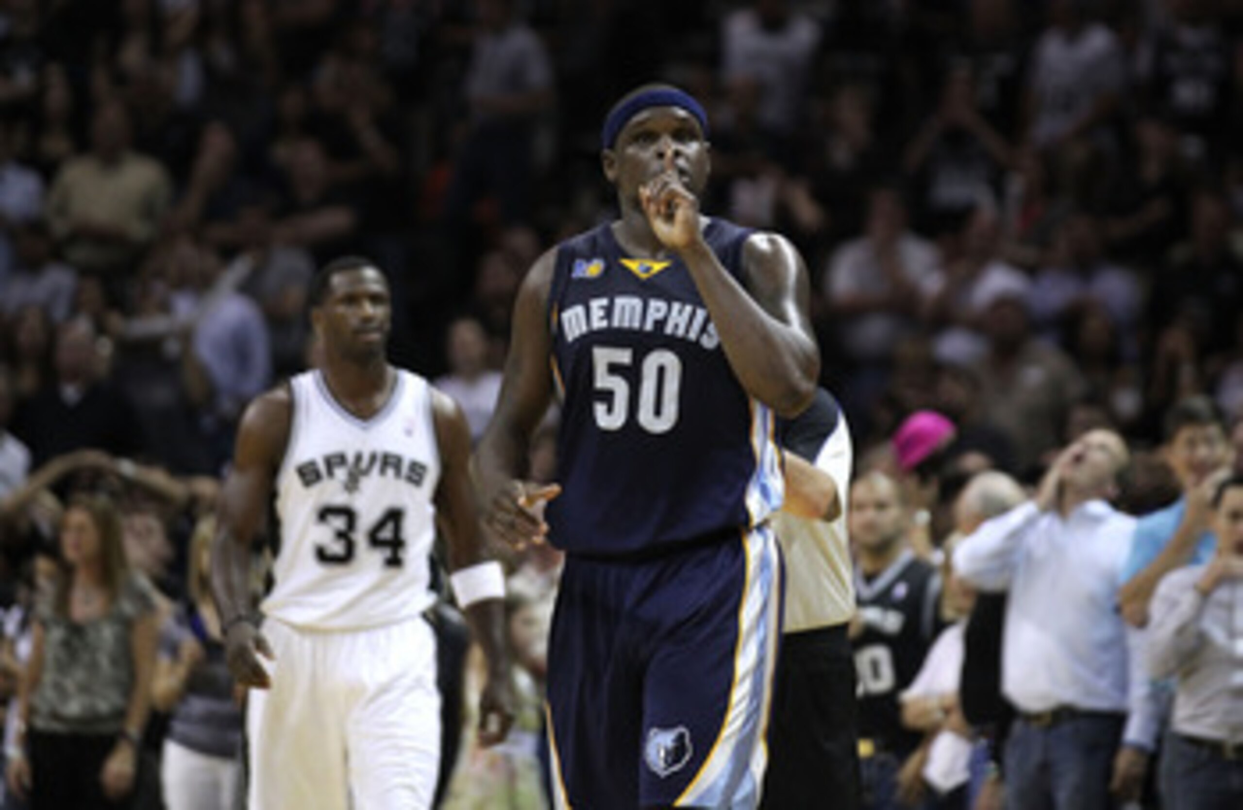 SAN ANTONIO, TX - APRIL 27:  Zach Randolph #50 of the Memphis Grizzlies gestures to the crowd near the end of regulation against the San Antionio Spurs in Game Five of the Western Conference Quarterfinals in the 2011 NBA Playoffs on April 27, 2011 at AT&T