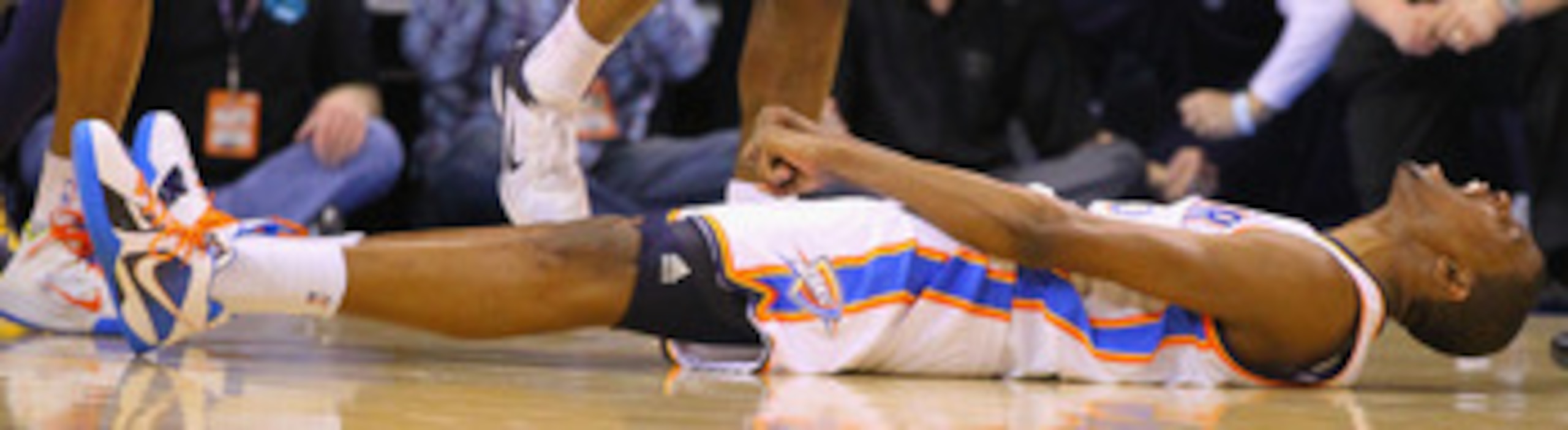 OKLAHOMA CITY, OK - APRIL 27: Kevin Durant #35 of the Oklahoma City Thunder reacts to being fouled against the Denver Nuggets in Game Five of the Western Conference Quarterfinals in the 2011 NBA Playoffs on April 27, 2011 at the Ford Center in Oklahoma Ci