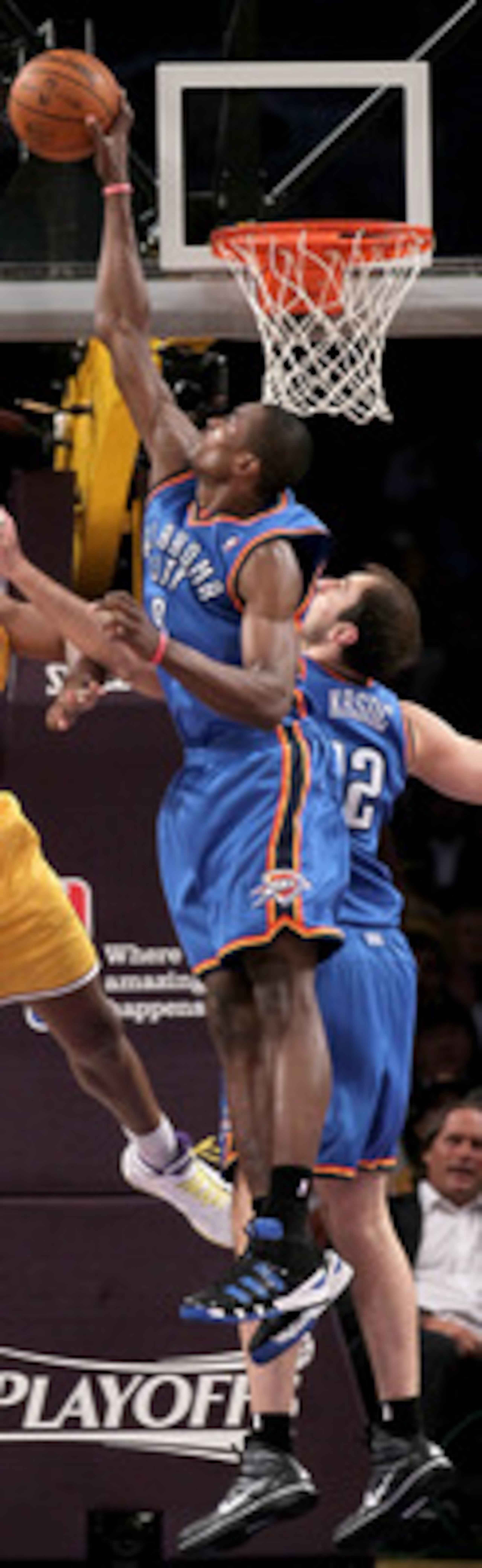 LOS ANGELES, CA - APRIL 20:  Serge Ibaka #9 of the Oklahoma City Thunder blocks a shot by Andrew Bynum #17 of the Los Angeles Lakers during  Game Two of the Western Conference Quarterfinals of the 2010 NBA Playoffs on April 20, 2010 at Staples Center in L