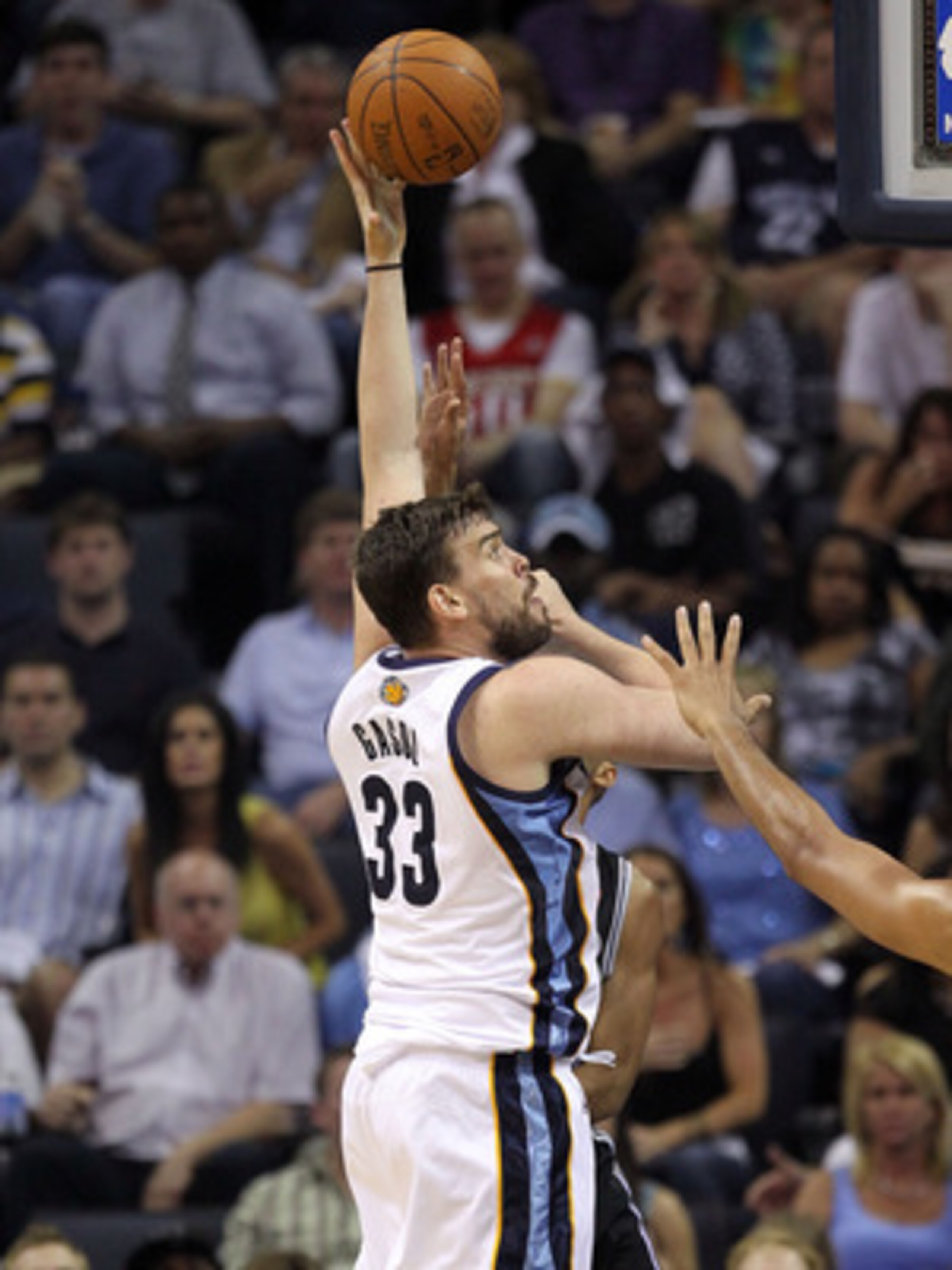 MEMPHIS, TN - APRIL 29:  Marc Gasol #33 of the Memphis Grizzlies shoots the ball against the San Antonio Spurs in Game Six of the Western Conference Quarterfinals in the 2011 NBA Playoffs at FedExForum on April 29, 2011 in Memphis, Tennessee. NOTE TO USER