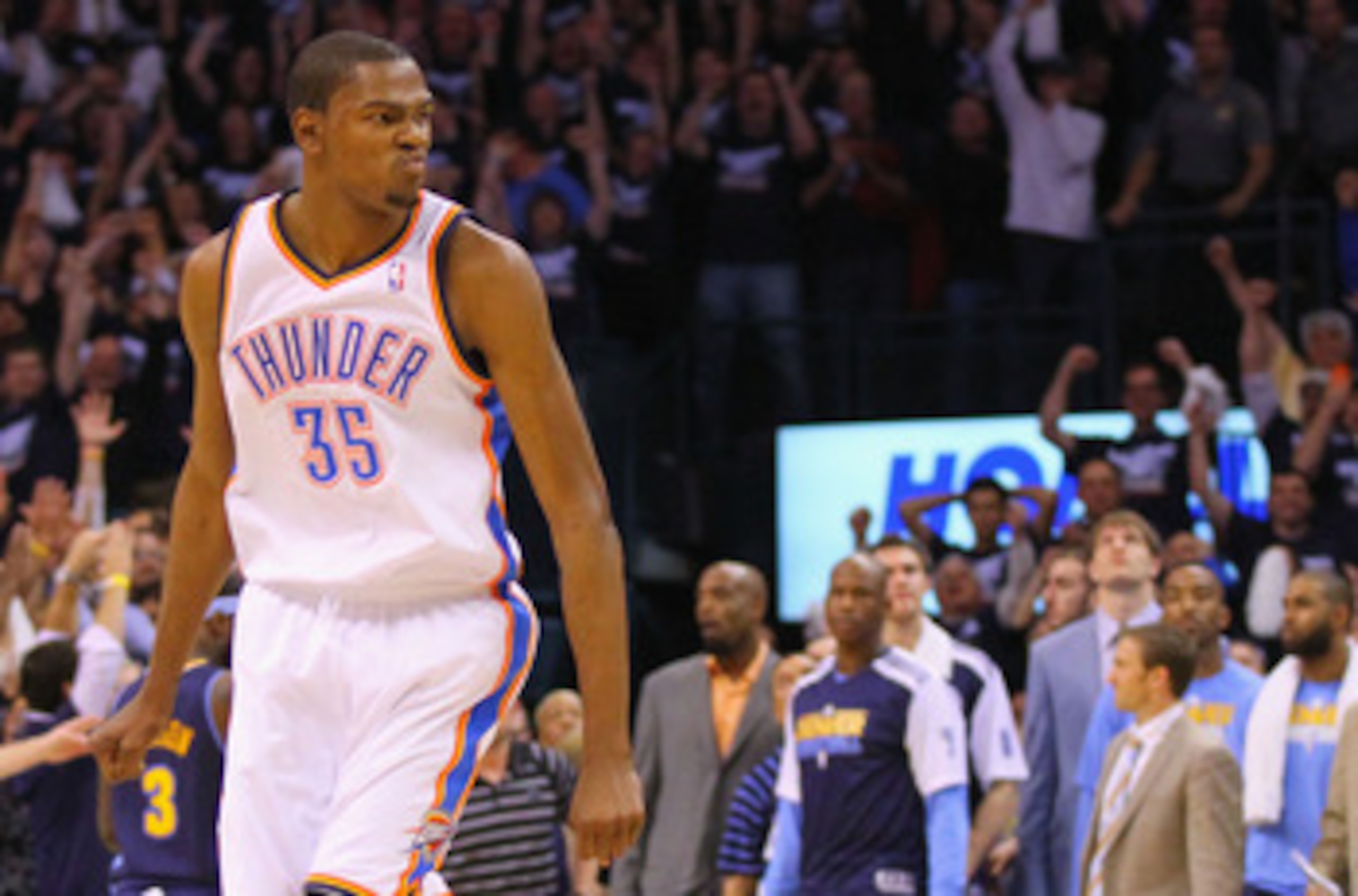 OKLAHOMA CITY, OK - APRIL 27: Kevin Durant #35 of the Oklahoma City Thunder looks to the bench after hitting a key three-point shot against the Denver Nuggets in Game Five of the Western Conference Quarterfinals in the 2011 NBA Playoffs on April 27, 2011