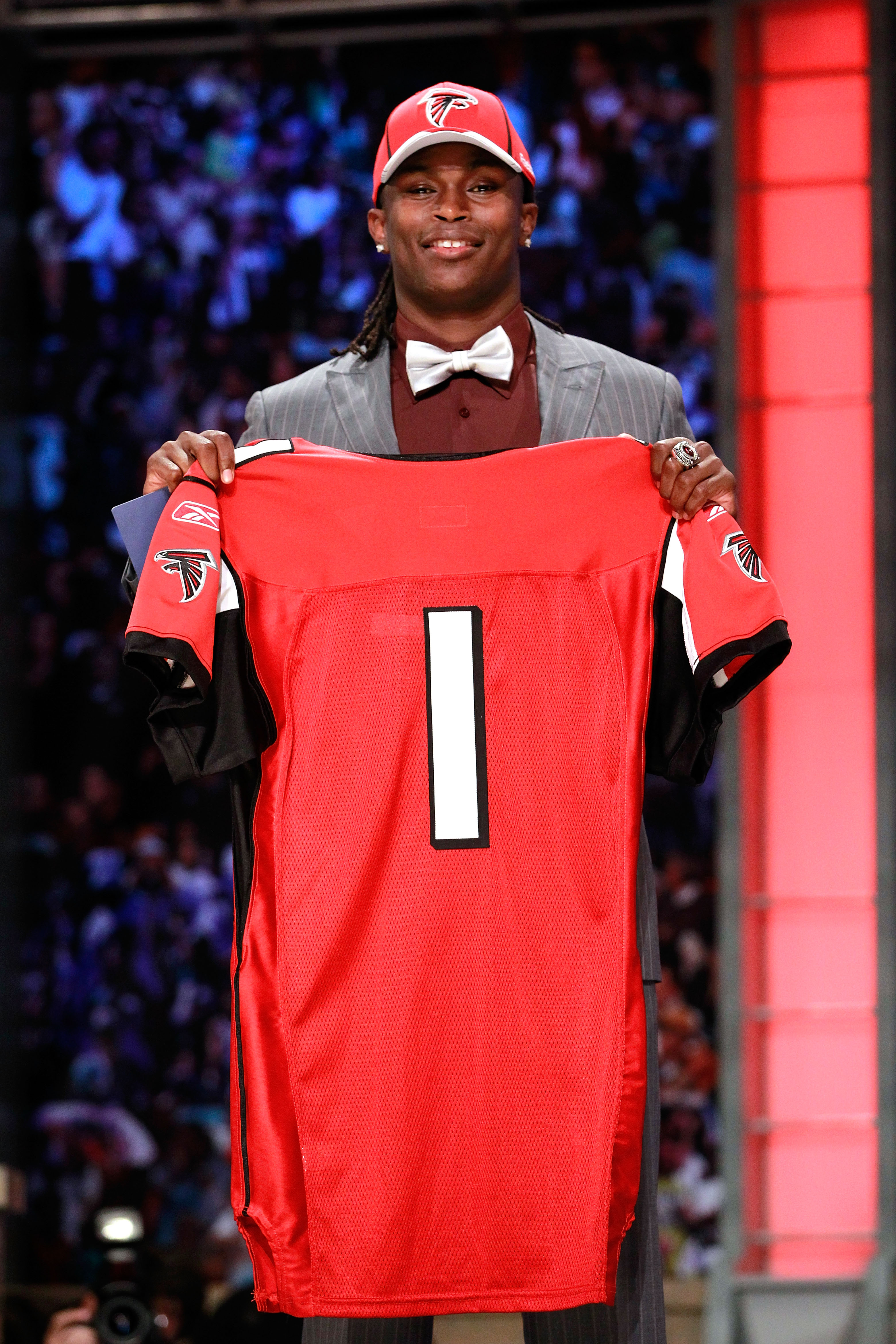 NEW YORK, NY - APRIL 28:  Julio Jones, #6 overall pick by the Atlanta Falcons, holds up a jersey on stage during the 2011 NFL Draft at Radio City Music Hall on April 28, 2011 in New York City.  (Photo by Chris Trotman/Getty Images)