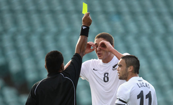AUCKLAND, NEW ZEALAND - APRIL 29: Ethan Galbraith of New Zealand disputes the yellow card during the Oceania Under 20 Tournament final match between New Zealand and Solomon Islands at North Harbour Stadium on April 29, 2011 in Auckland, New Zealand.  (Pho