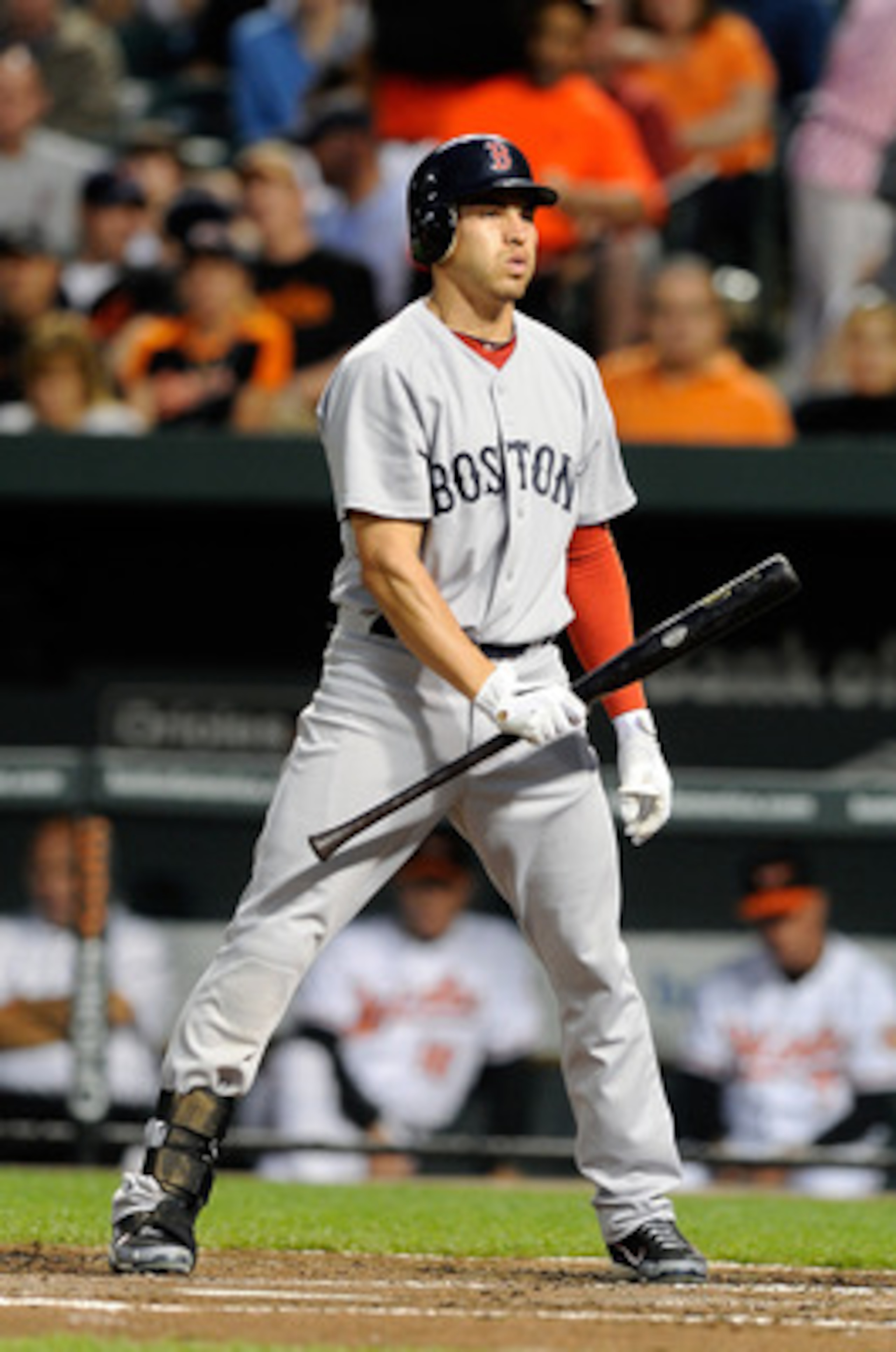 BALTIMORE, MD - APRIL 27:  Jacoby Ellsbury #2 of the Boston Red Sox reacts to a called strike three during the game against the Baltimore Orioles at Oriole Park at Camden Yards on April 27, 2011 in Baltimore, Maryland.  (Photo by Greg Fiume/Getty Images)