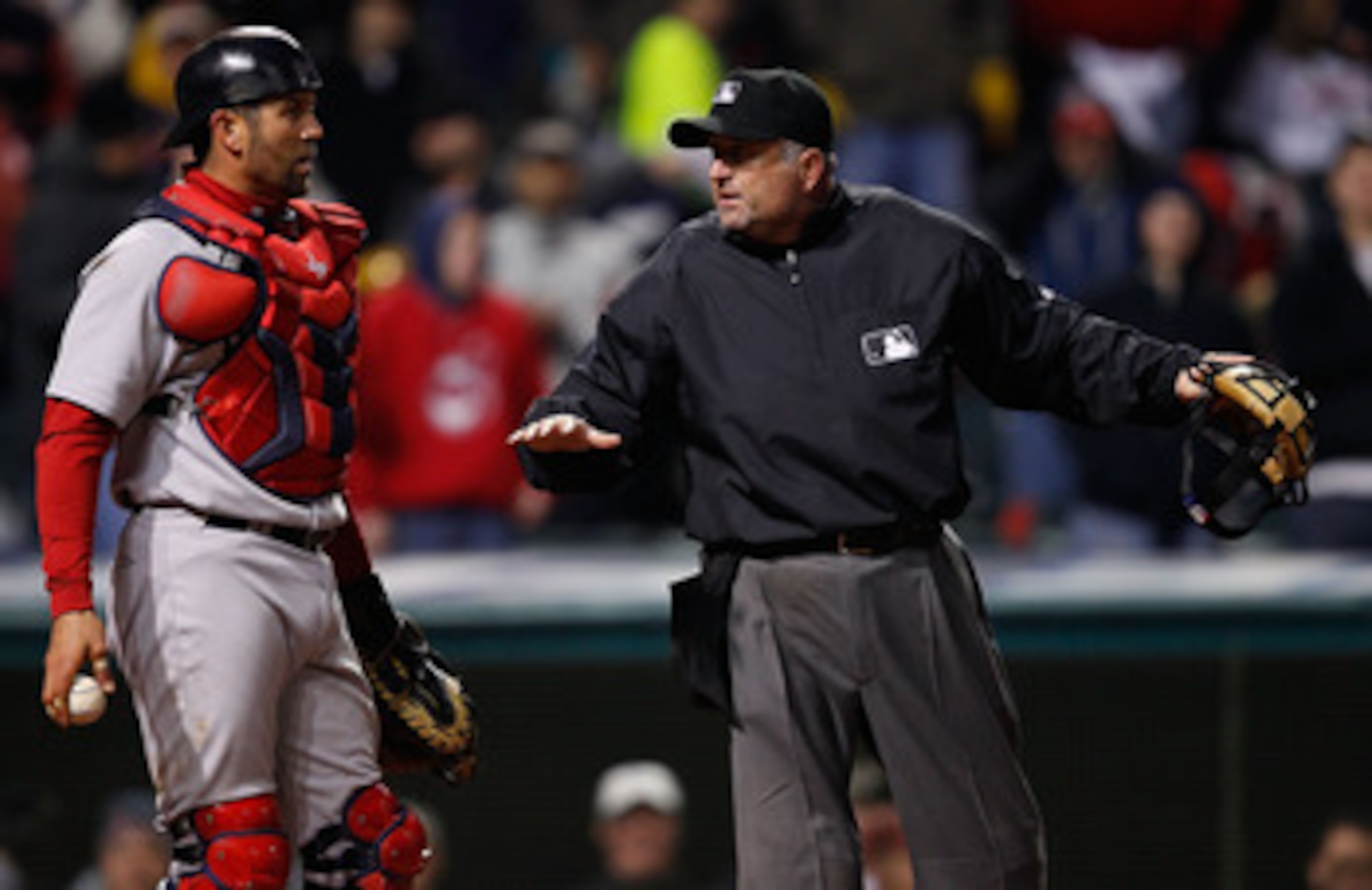 CLEVELAND - APRIL 06:  Jason Varitek #33 of the Boston Red Sox gets an explanation from the home plate umpire after he misplayed what he thought was a force out against the Cleveland Indians during the game on April 6, 2011 at Progressive Field in Clevela