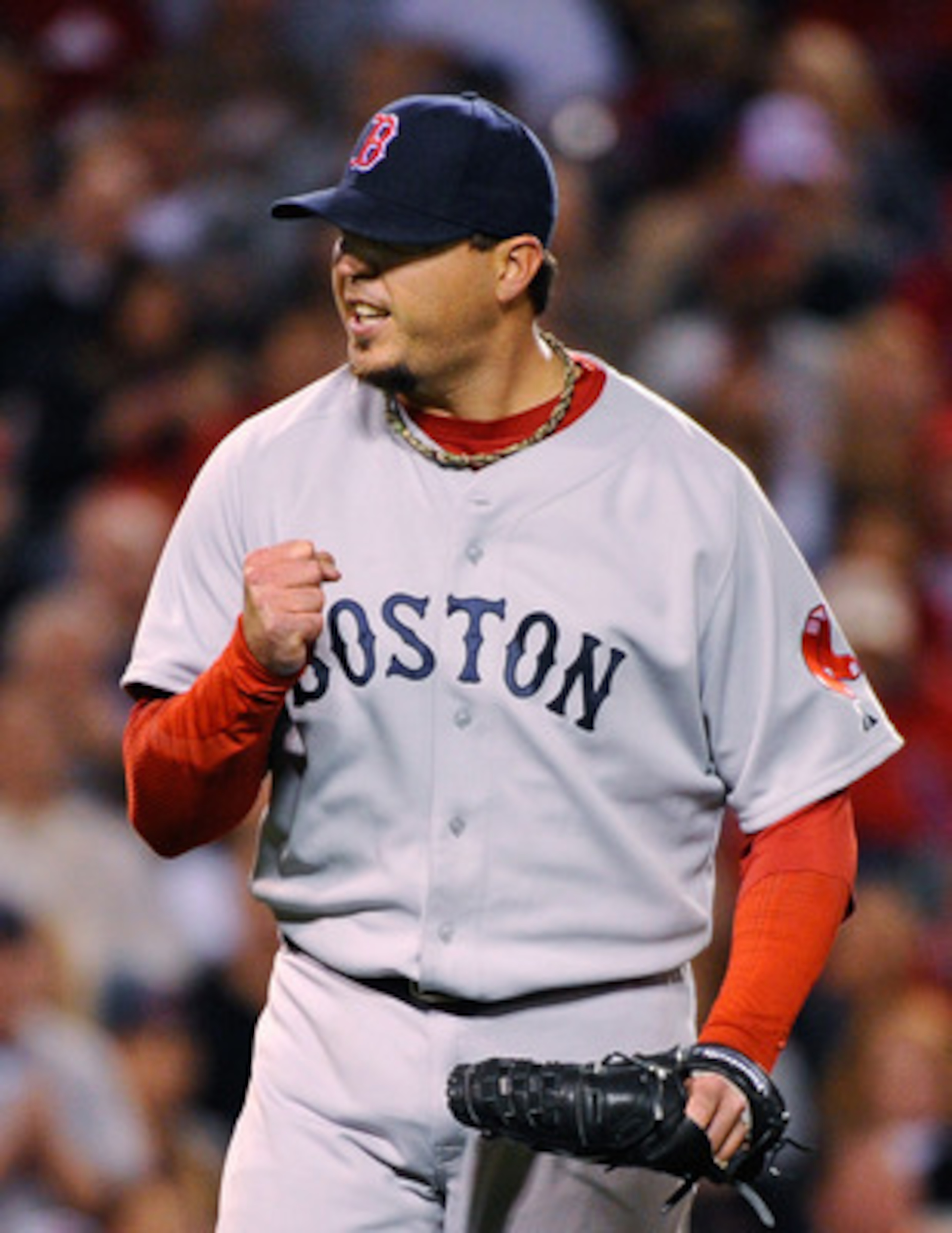 ANAHEIM, CA - APRIL 21: PitcherJosh Beckett #19 of the Boston Red Sox pumps his fist after after Torii Hunter #48 of the Los Angeles Angels of Anaheim grounded out for the last out of the fourth inning of the baseball game with a runner in scoring positi ANAHEIM, CA - APRIL 21: PitcherJosh Beckett #19 of the Boston Red Sox pumps his fist after after Torii Hunter #48 of the Los Angeles Angels of Anaheim grounded out for the last out of the fourth inning of the baseball game with a runner in scoring positi