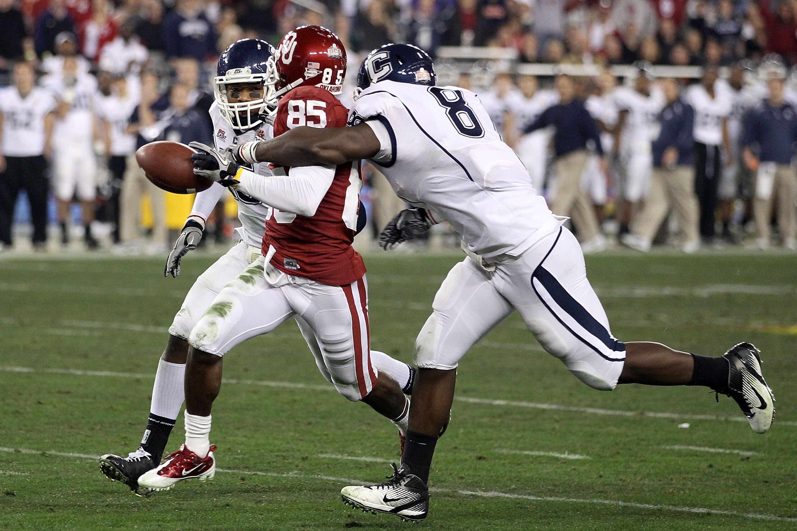 GLENDALE, AZ - JANUARY 01:  Ryan Broyles #85 of the Oklahoma Sooners fumbles the ball as it is stripped by Lawrence Wilson #8 of the Connecticut Huskies alongside Jerome Junior #15 in the second half during the Tostitos Fiesta Bowl at the Universtity of P