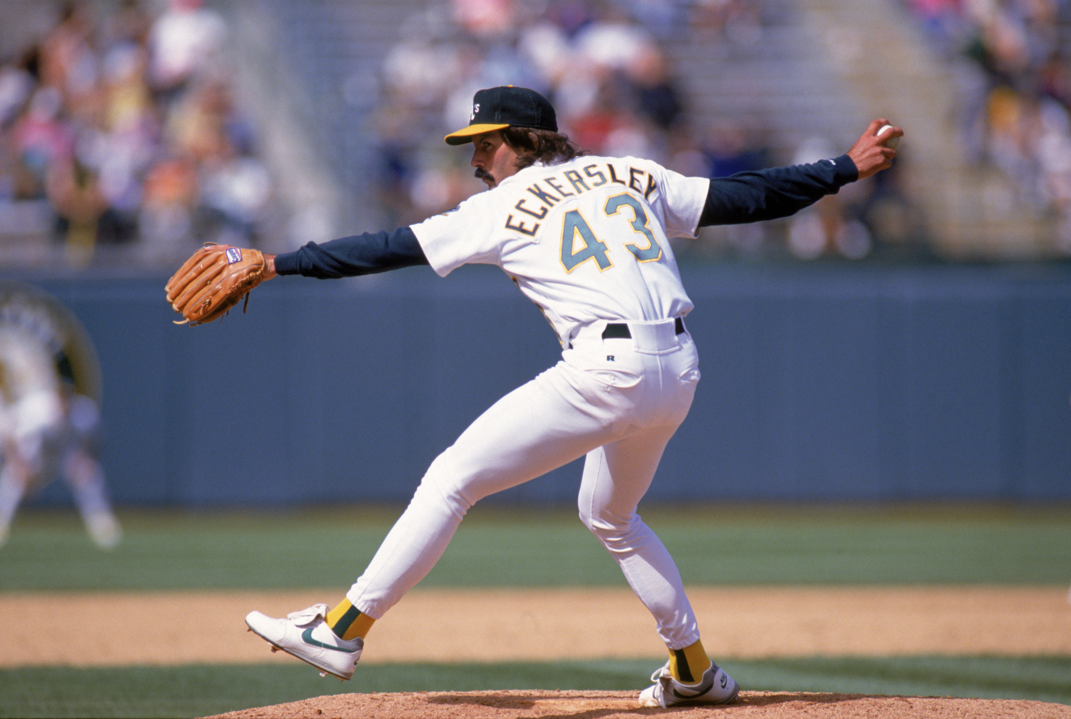 OAKLAND, CA - APRIL 25:  Pitcher Dennis Eckersley #43 of the Oakland Athletics delivers against the Cleveland Indians during the game at the Oakland-Alameda County Coliseum on April 25, 1993 in Oakland, California.  (Photo by Otto Greule Jr/Getty Images)