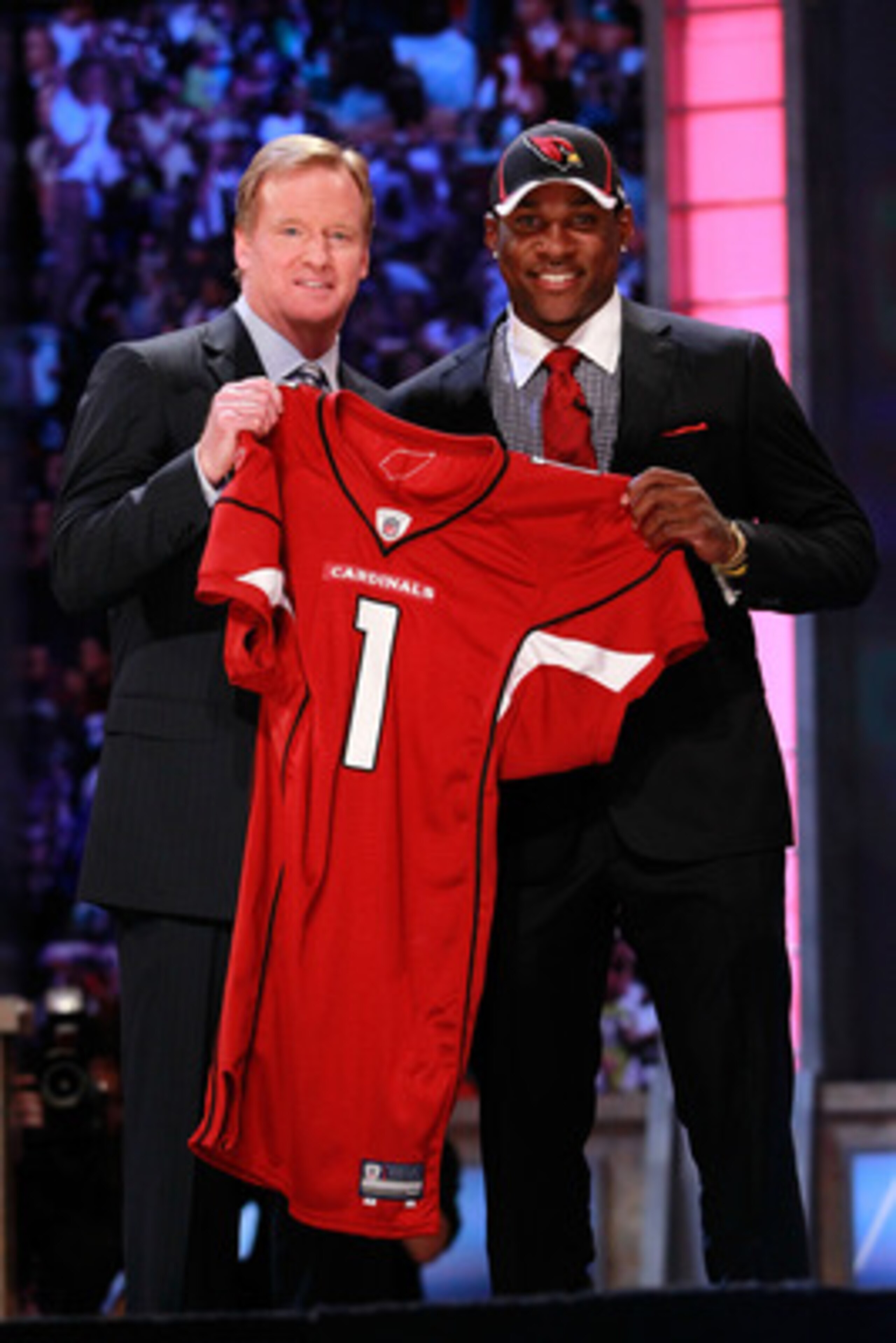 NEW YORK, NY - APRIL 28:  NFL Commissioner Roger Goodell poses for a photo on stage with Patrick Peterson, #5 overall pick by the Arizona Cardinals, during the 2011 NFL Draft at Radio City Music Hall on April 28, 2011 in New York City.  (Photo by Chris Tr