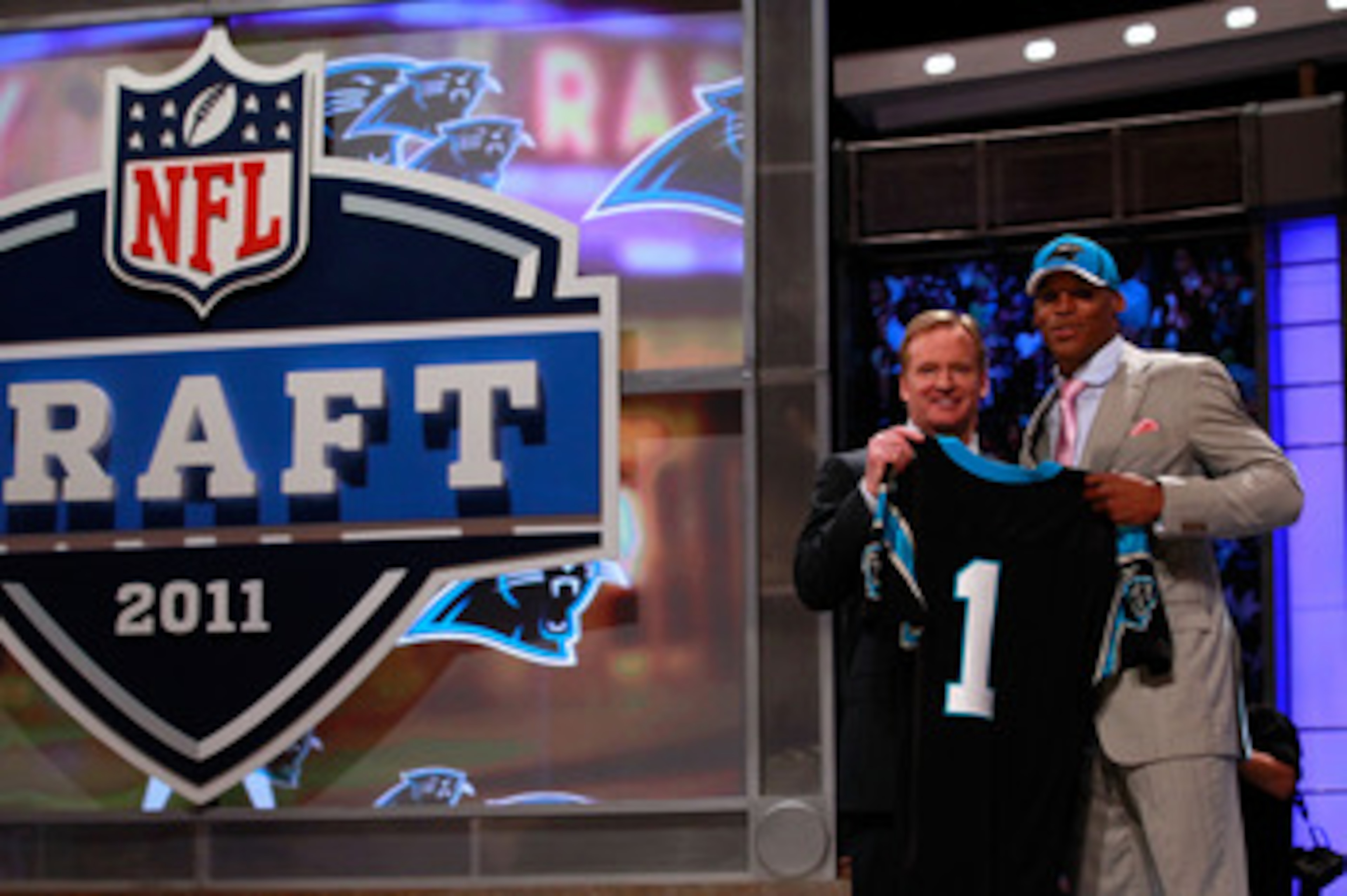 NEW YORK, NY - APRIL 28:  NFL Commissioner Roger Goodell poses for a photo with Carolina Panthers #1 overall pick Cam Newton from Auburn during the 2011 NFL Draft at Radio City Music Hall on April 28, 2011 in New York City.  (Photo by Chris Trotman/Getty