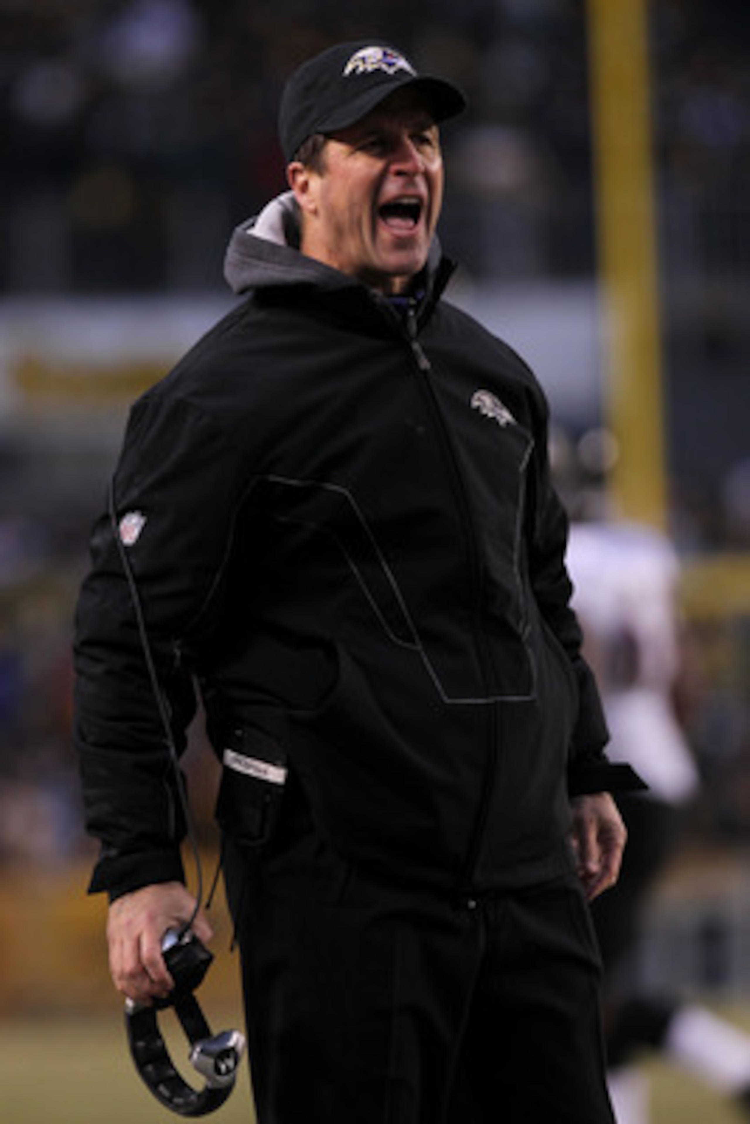 PITTSBURGH, PA - JANUARY 15:  Head coach John Harbaugh of the Baltimore Ravens reacts to a call during the AFC Divisional Playoff Game against the Pittsburgh Steelers at Heinz Field on January 15, 2011 in Pittsburgh, Pennsylvania.  (Photo by Nick Laham/Ge