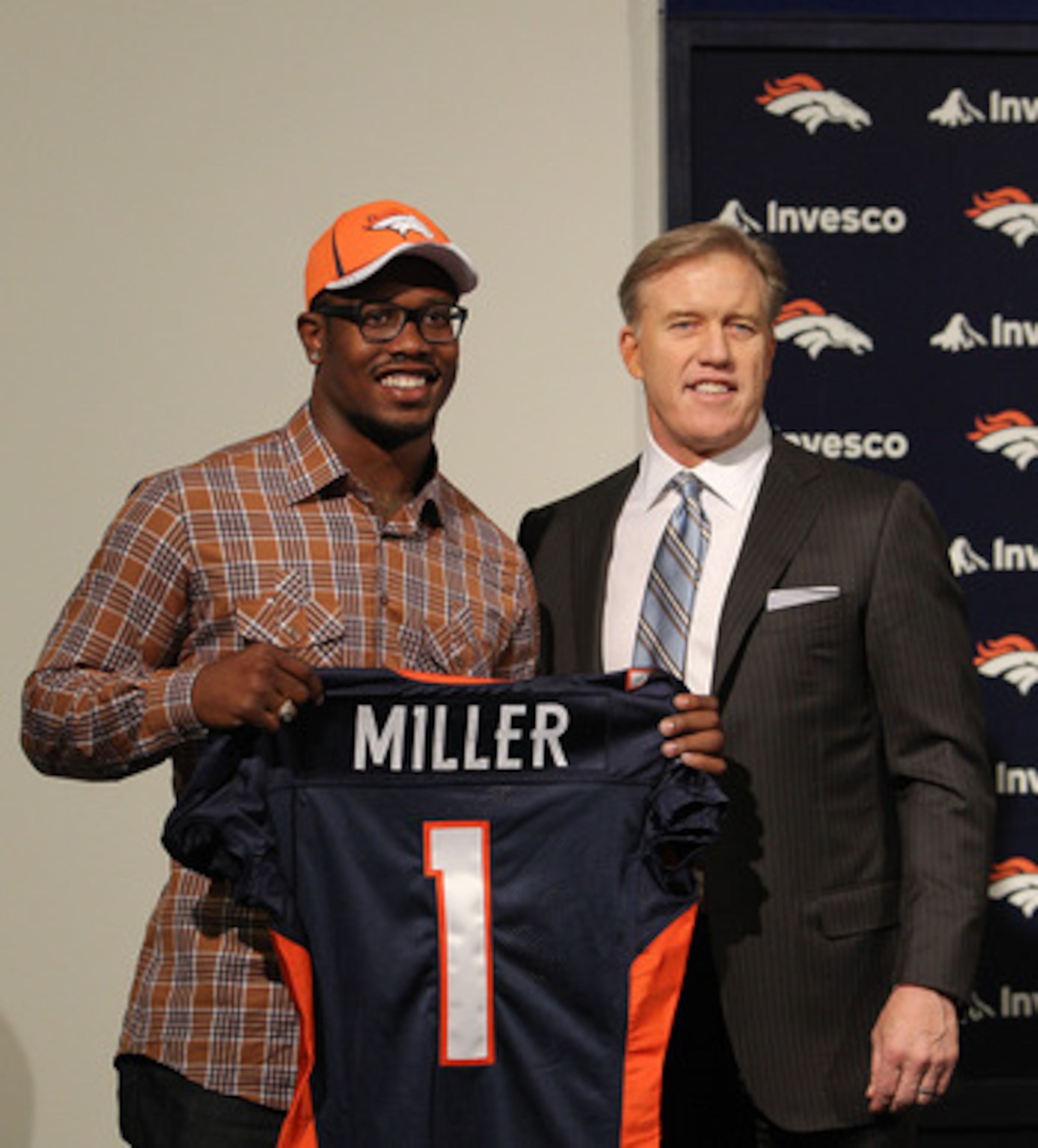 ENGLEWOOD, CO - APRIL 29:  Von Miller of the Denver Broncos is presented to the media for the first time with vice president of football operations John Elway at Dove Valley on April 29, 2011 in Englewood, Colorado. Miller, a projected outside linebacker