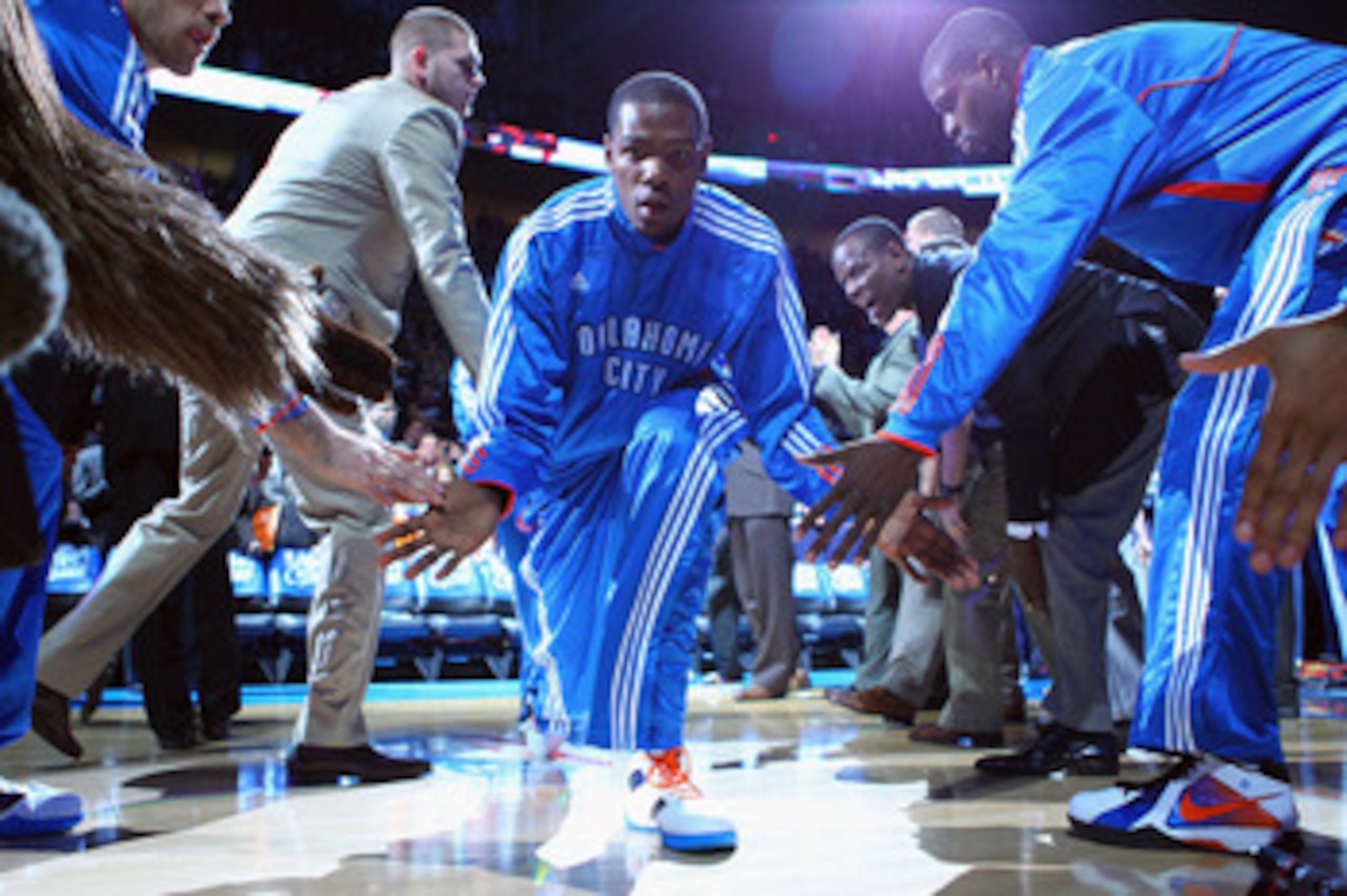 OKLAHOMA CITY, OK - APRIL 27: Kevin Durant #35 of the Oklahoma City Thunder is introduced prior to playing against the Denver Nuggets in Game Five of the Western Conference Quarterfinals in the 2011 NBA Playoffs on April 27, 2011 at the Ford Center in Okl