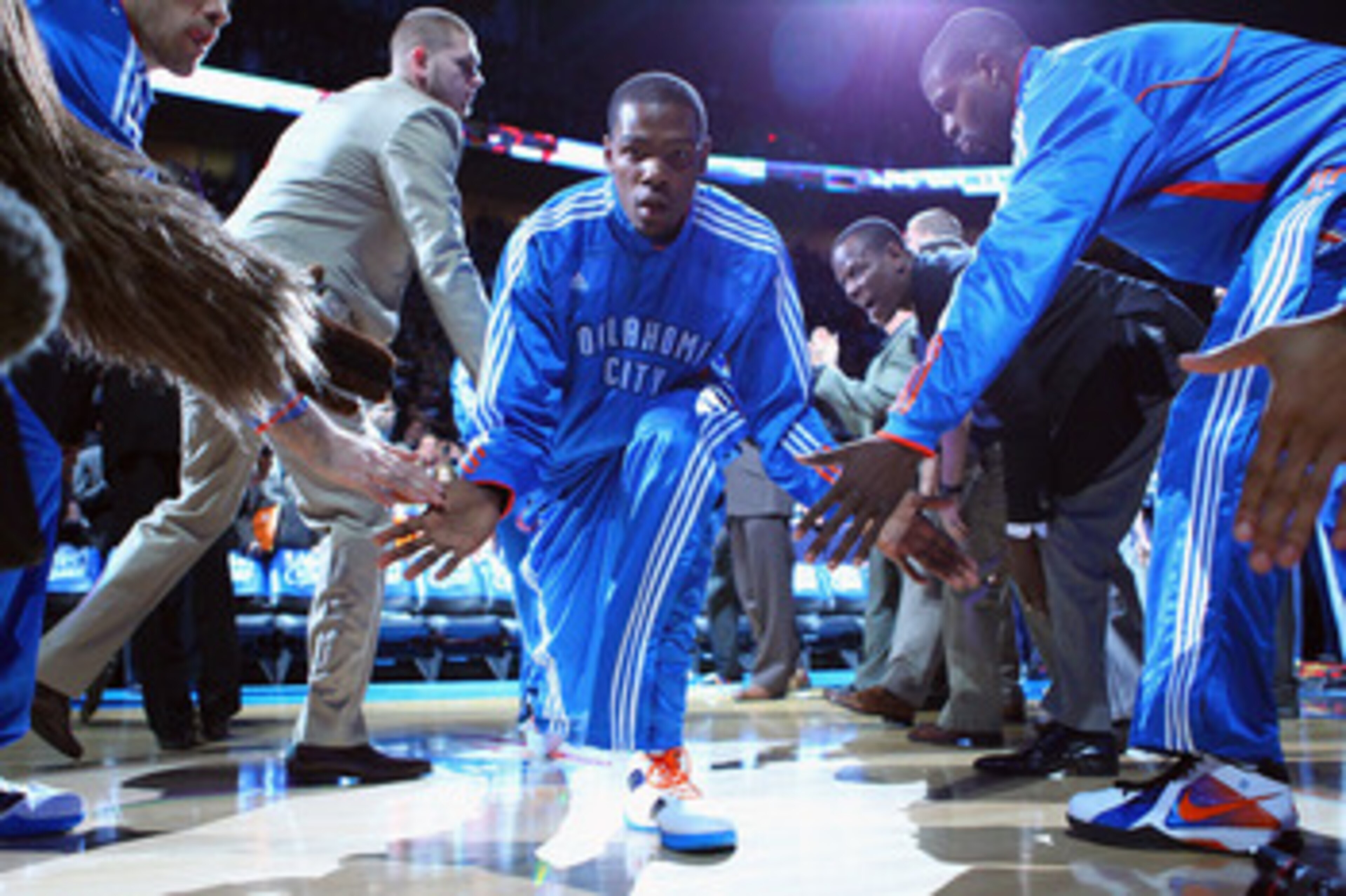 OKLAHOMA CITY, OK - APRIL 27: Kevin Durant #35 of the Oklahoma City Thunder is introduced prior to playing against the Denver Nuggets in Game Five of the Western Conference Quarterfinals in the 2011 NBA Playoffs on April 27, 2011 at the Ford Center in Okl OKLAHOMA CITY, OK - APRIL 27: Kevin Durant #35 of the Oklahoma City Thunder is introduced prior to playing against the Denver Nuggets in Game Five of the Western Conference Quarterfinals in the 2011 NBA Playoffs on April 27, 2011 at the Ford Center in Okl