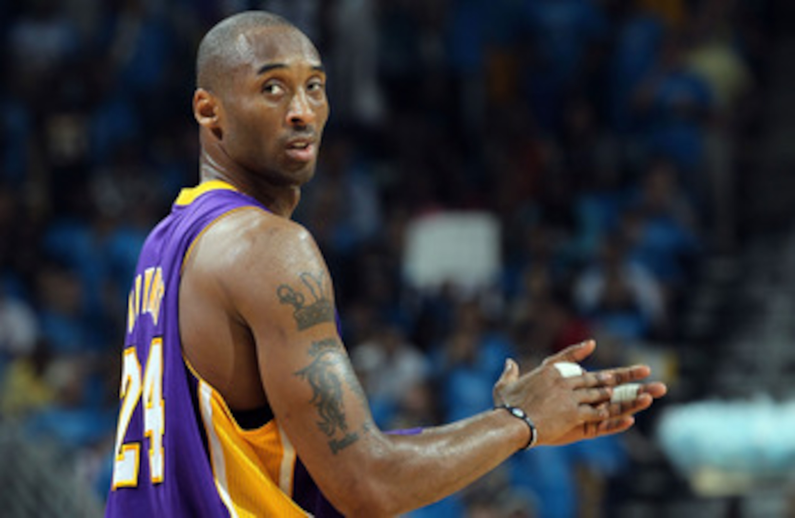 NEW ORLEANS, LA - APRIL 28: Kobe Bryant #24 of the Los Angeles Lakers reacts during play against the New Orleans Hornets in Game Six of the Western Conference Quarterfinals in the 2011 NBA Playoffs on April 28, 2011 at New Orleans Arena in New Orleans, L NEW ORLEANS, LA - APRIL 28: Kobe Bryant #24 of the Los Angeles Lakers reacts during play against the New Orleans Hornets in Game Six of the Western Conference Quarterfinals in the 2011 NBA Playoffs on April 28, 2011 at New Orleans Arena in New Orleans, L