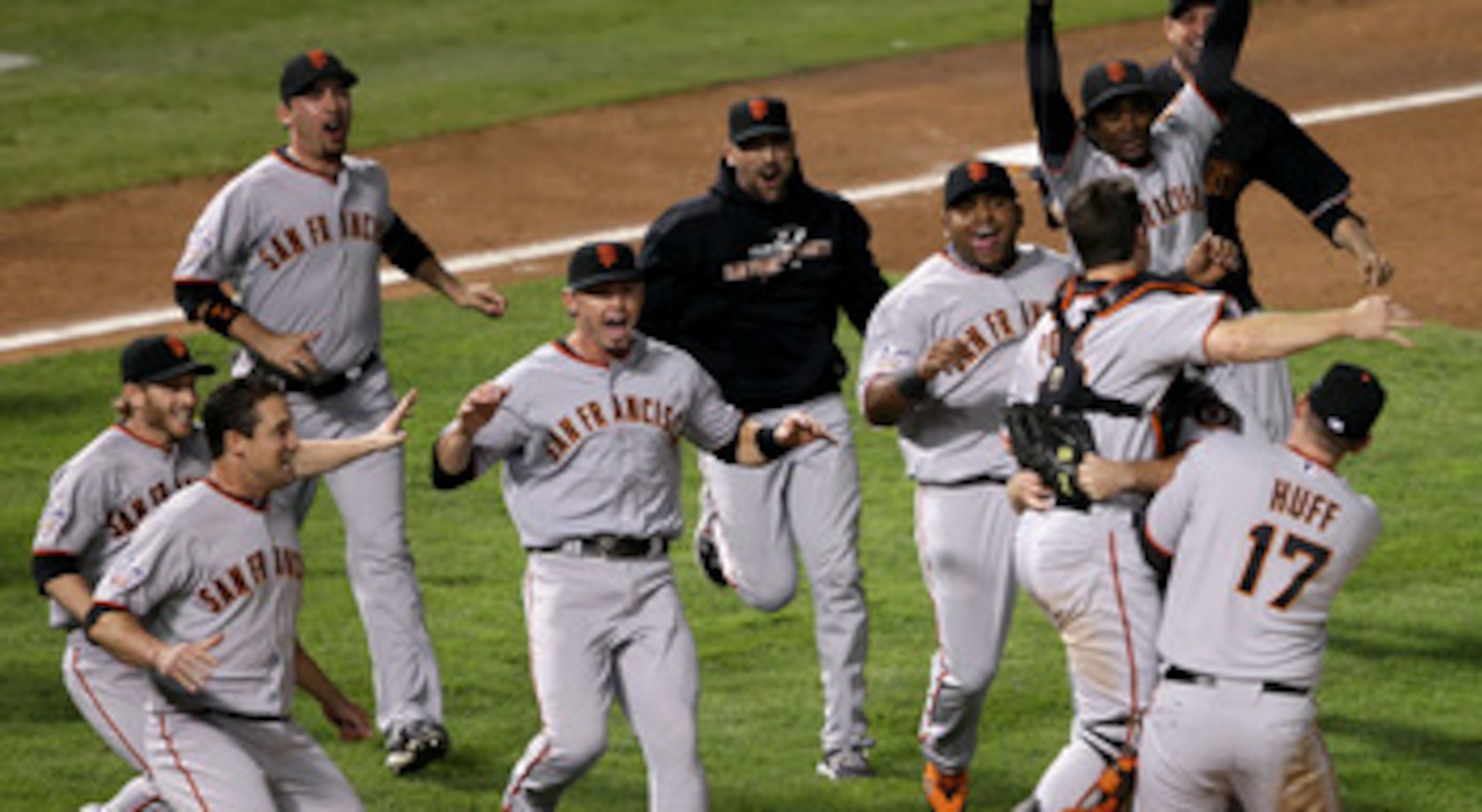 ARLINGTON, TX - NOVEMBER 01: The San Francisco Giants including Mark DeRosa and Aubrey Huff celebrate their 3-1 victory to win the World Series over the Texas Rangers in Game Five of the 2010 MLB World Series at Rangers Ballpark in Arlington on November ARLINGTON, TX - NOVEMBER 01: The San Francisco Giants including Mark DeRosa and Aubrey Huff celebrate their 3-1 victory to win the World Series over the Texas Rangers in Game Five of the 2010 MLB World Series at Rangers Ballpark in Arlington on November