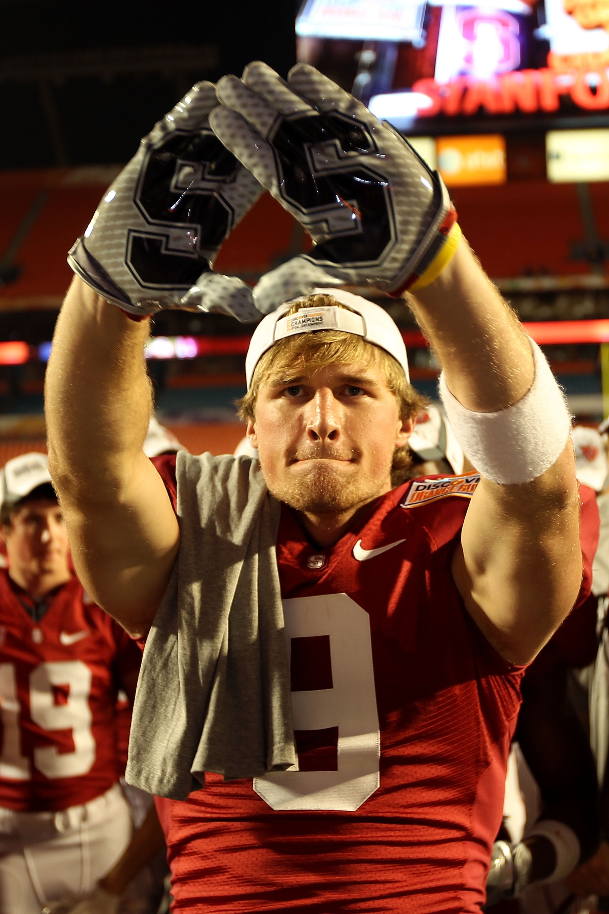 MIAMI, FL - JANUARY 03: Ryan Whalen #8 of the Stanford Cardinal celebrates after Stanford won 40-12 against the Virginia Tech Hokies during the 2011 Discover Orange Bowl at Sun Life Stadium on January 3, 2011 in Miami, Florida. (Photo by Mike Ehrmann/Gett