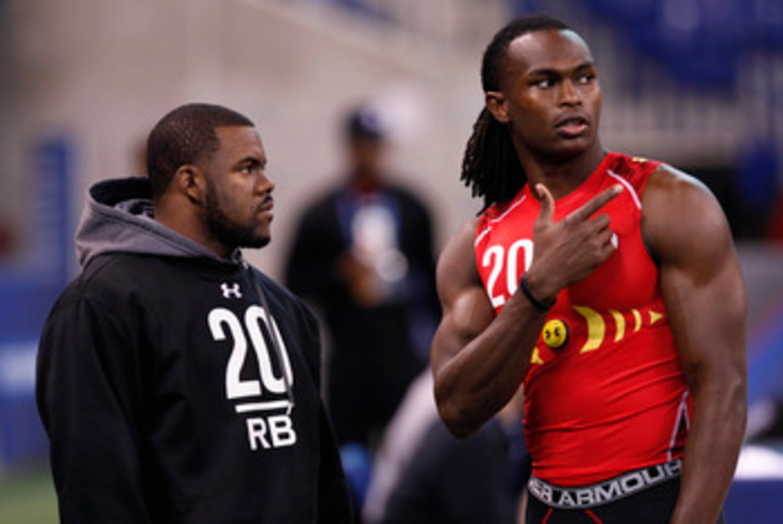 INDIANAPOLIS, IN - FEBRUARY 27: Former Alabama teammates Mark Ingram (L) and Julio Jones look on during the 2011 NFL Scouting Combine at Lucas Oil Stadium on February 27, 2011 in Indianapolis, Indiana. (Photo by Joe Robbins/Getty Images)