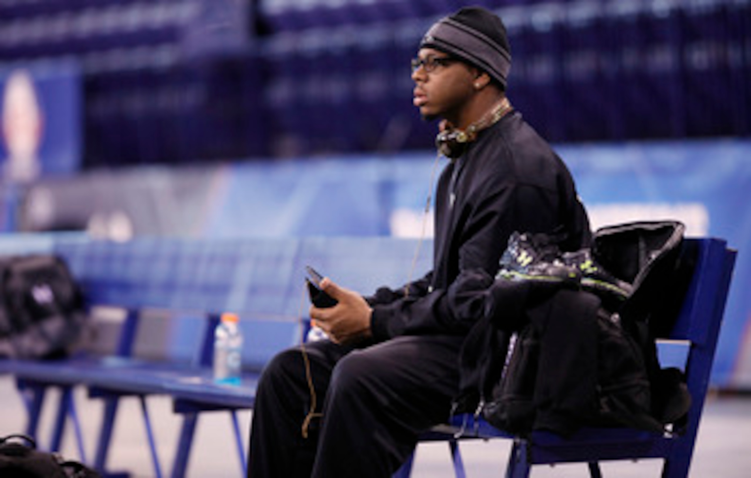 INDIANAPOLIS, IN - FEBRUARY 28:  Defensive lineman Da'Quan Bowers of Clemson sits on the bench during the 2011 NFL Scouting Combine at Lucas Oil Stadium on February 28, 2011 in Indianapolis, Indiana. (Photo by Joe Robbins/Getty Images)