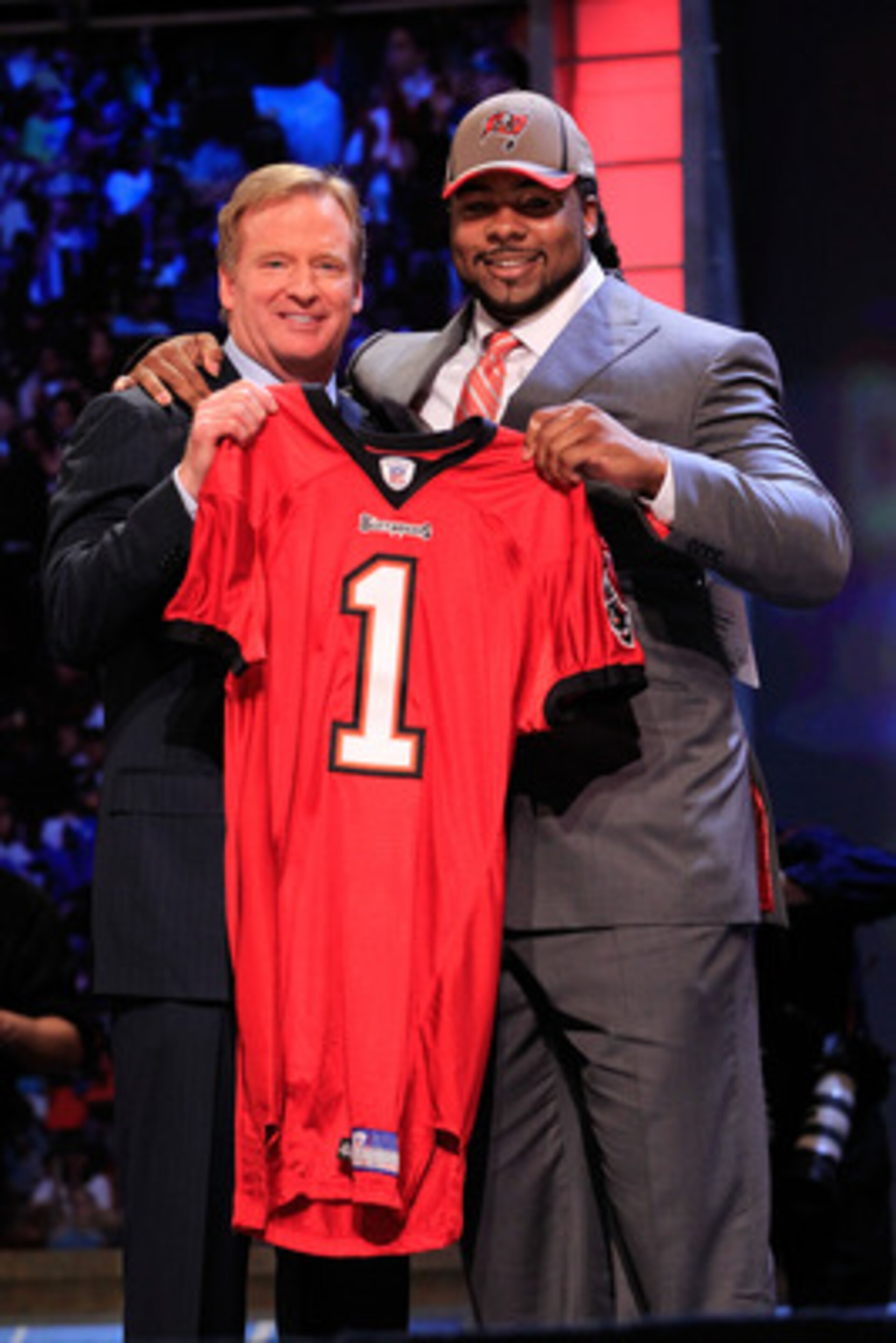 NEW YORK, NY - APRIL 28:  NFL Commissioner Roger Goodell poses for a phot with Adrian Clayborn, #20 overall pick by the Tampa Bay Buccaneers, on stage during the 2011 NFL Draft at Radio City Music Hall on April 28, 2011 in New York City.  (Photo by Chris 