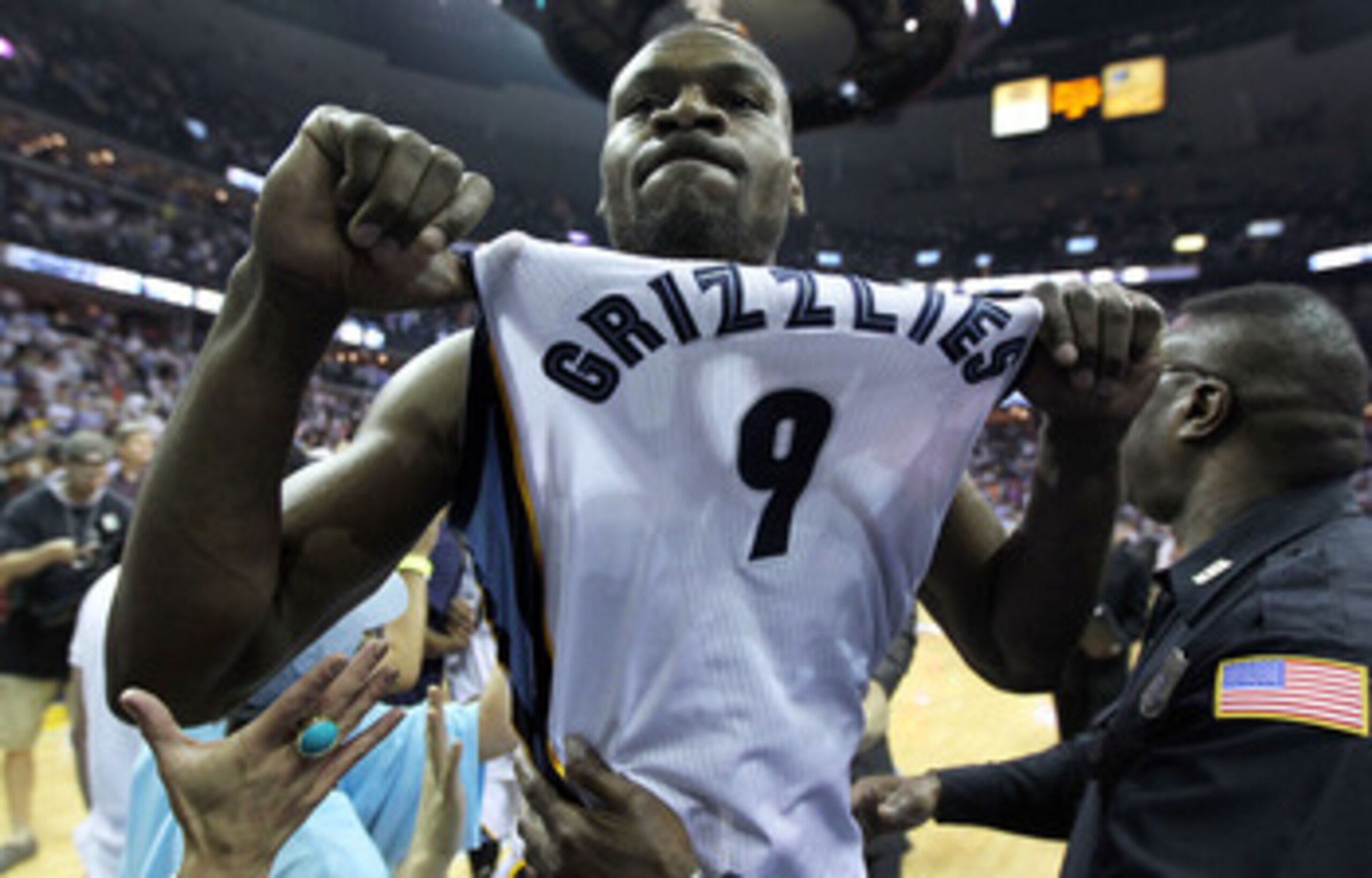 MEMPHIS, TN - APRIL 29: Tony Allen #9 of the Memphis Grizzlies celebrates after the Grizzlies beat the San Antonio Spurs 99-91 in Game Six of the Western Conference Quarterfinals in the 2011 NBA Playoffs at FedExForum on April 29, 2011 in Memphis, Tenness